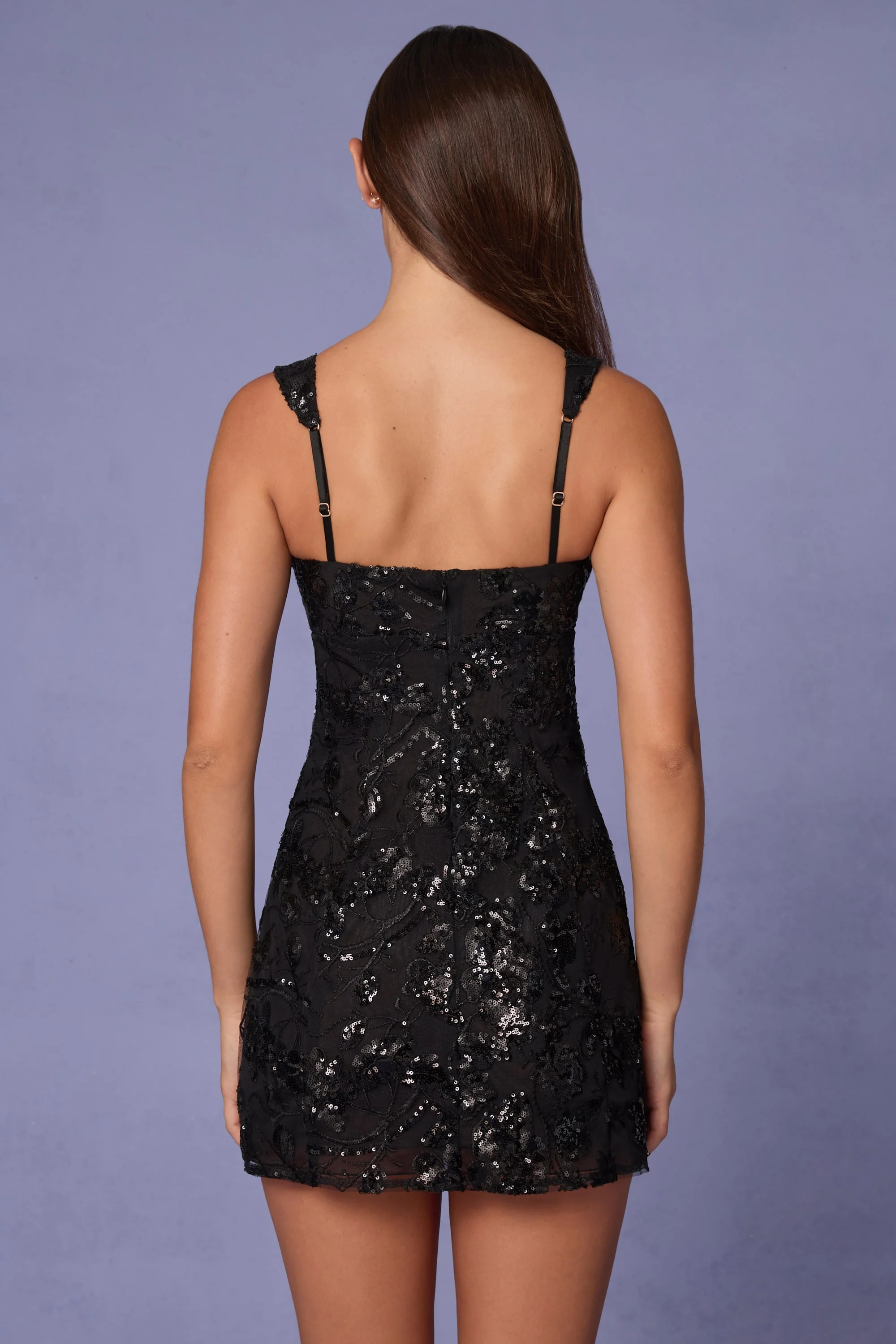 Embellished A-line Mini Dress in Black - TREBLEV