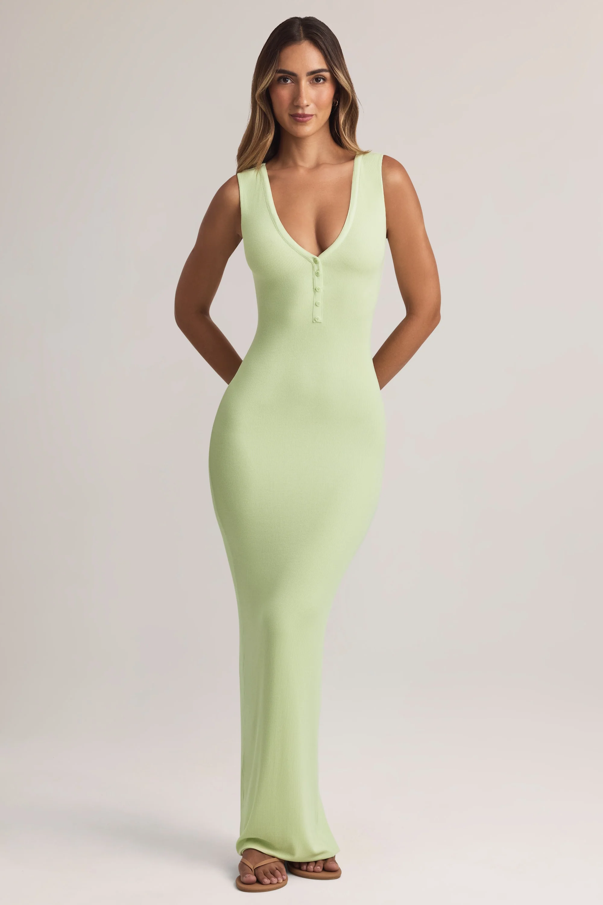 Modal Button-Detail Maxi Dress in Sage Green - TREBLEV
