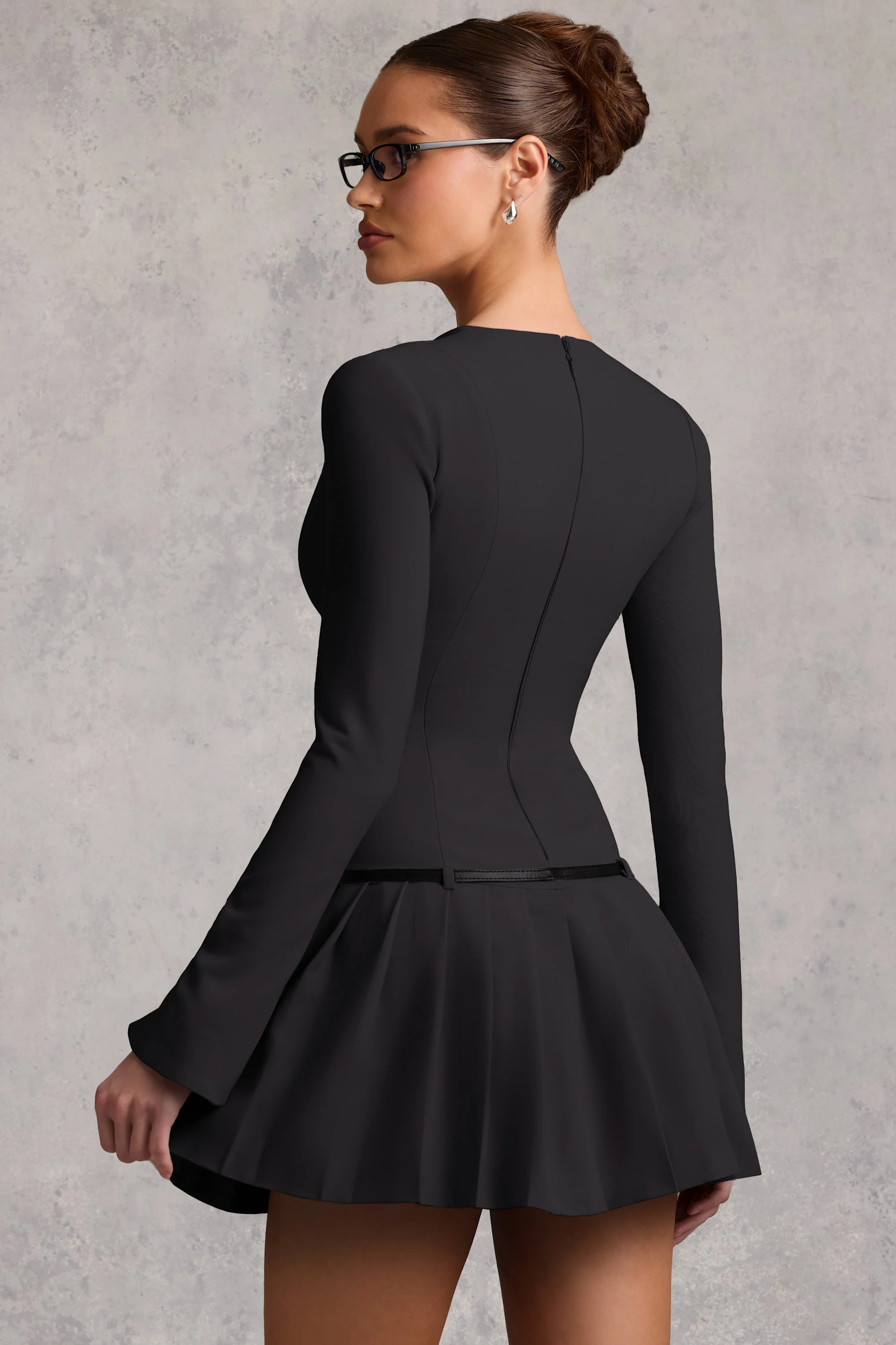 Long-Sleeve Pleated Mini Dress in Black - TREBLEV