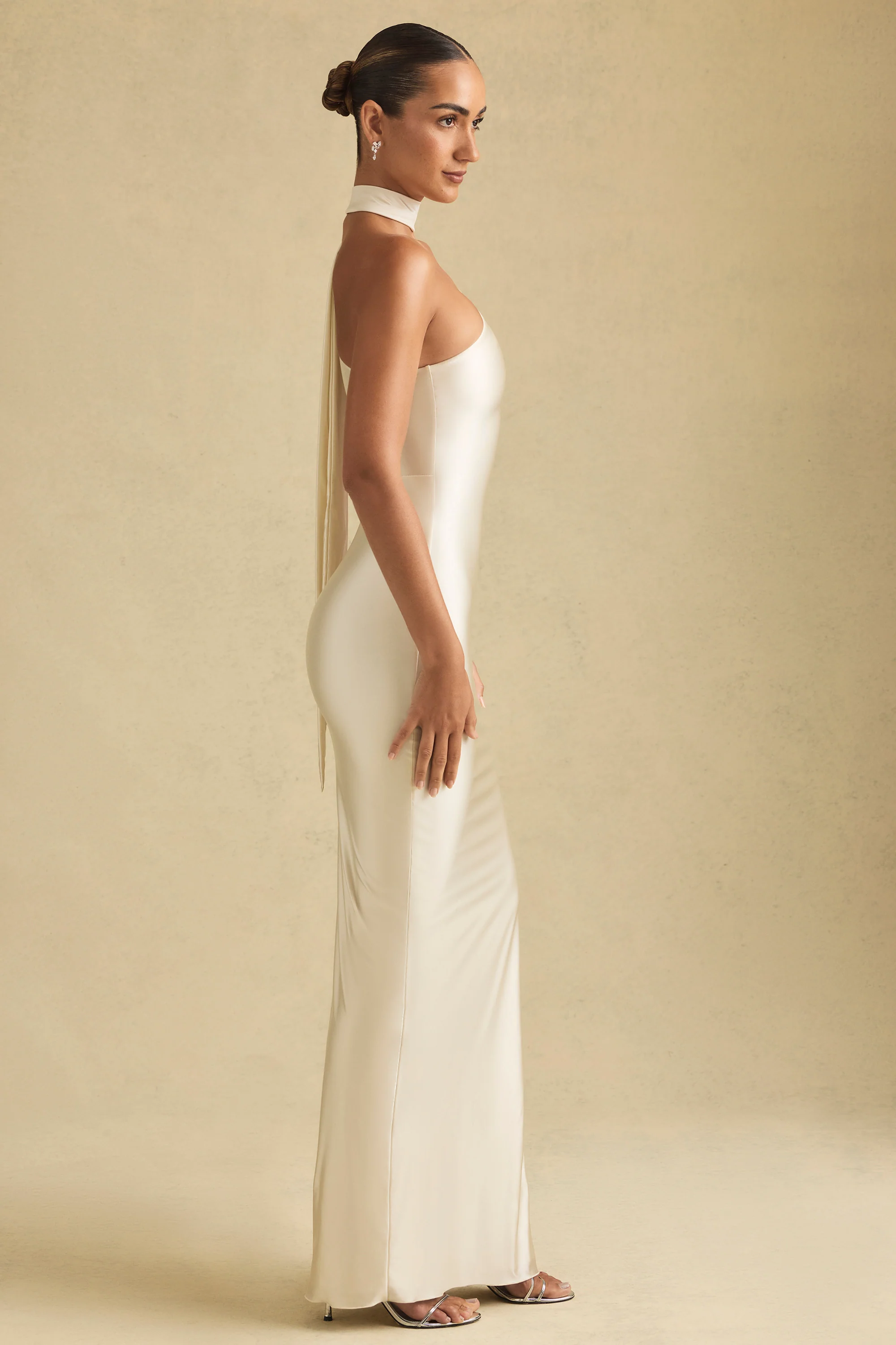 Asymmetric Scarf-Detail Maxi Dress in Ivory - TREBLEV