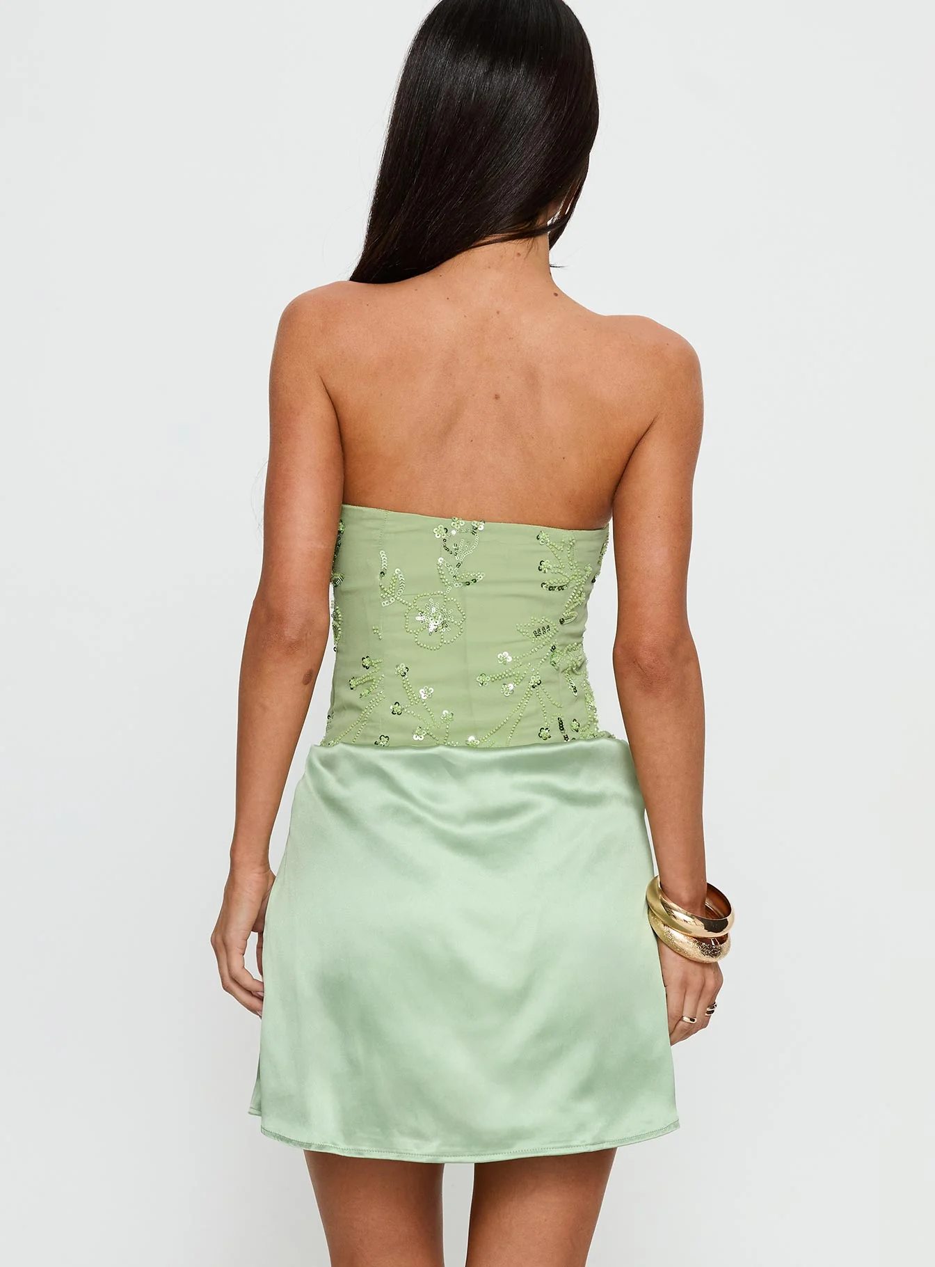 Lyrena Strapless Beaded Mini Dress Green - TREBLEV