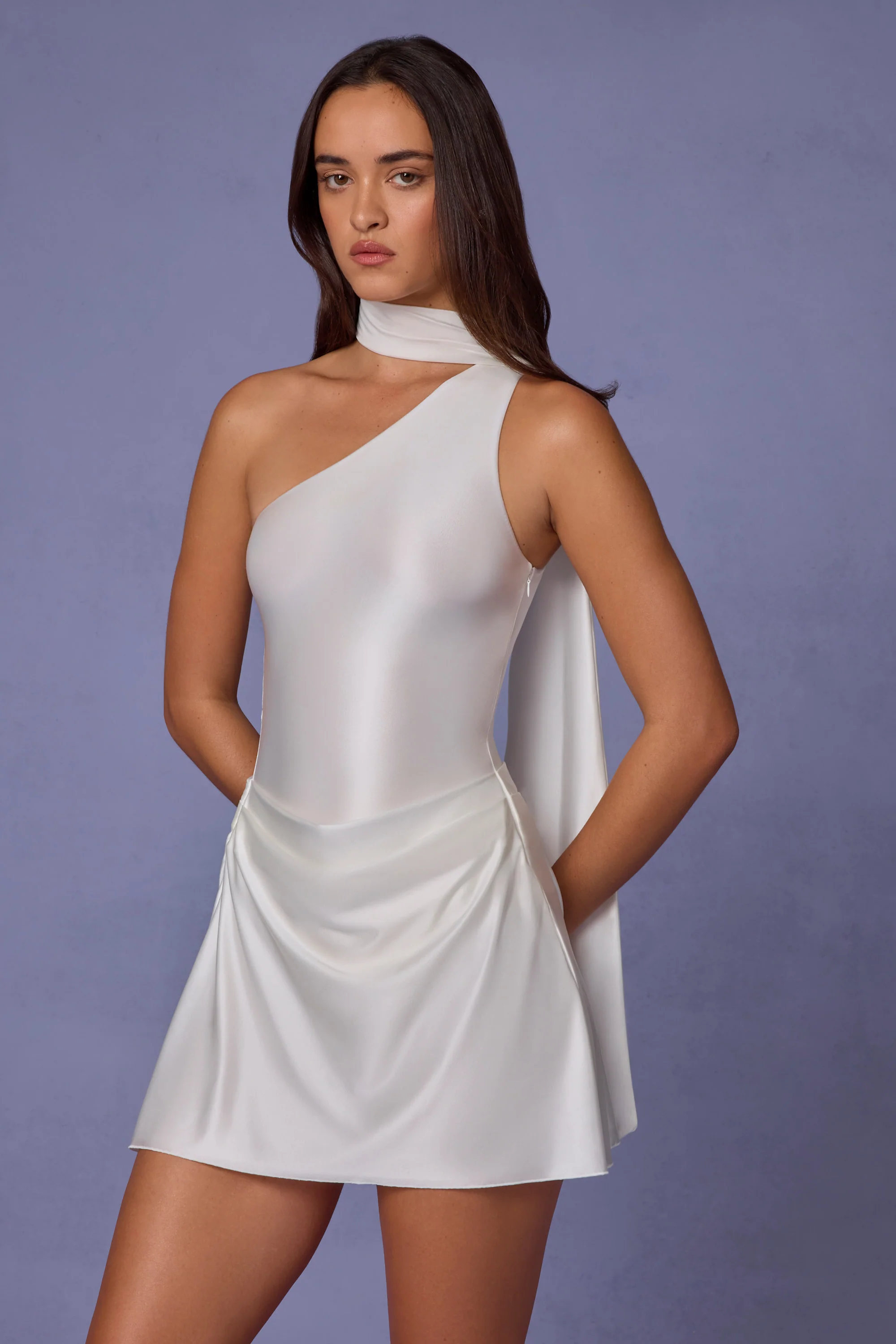 Asymmetric Scarf-Detail Mini Dress in White - TREBLEV