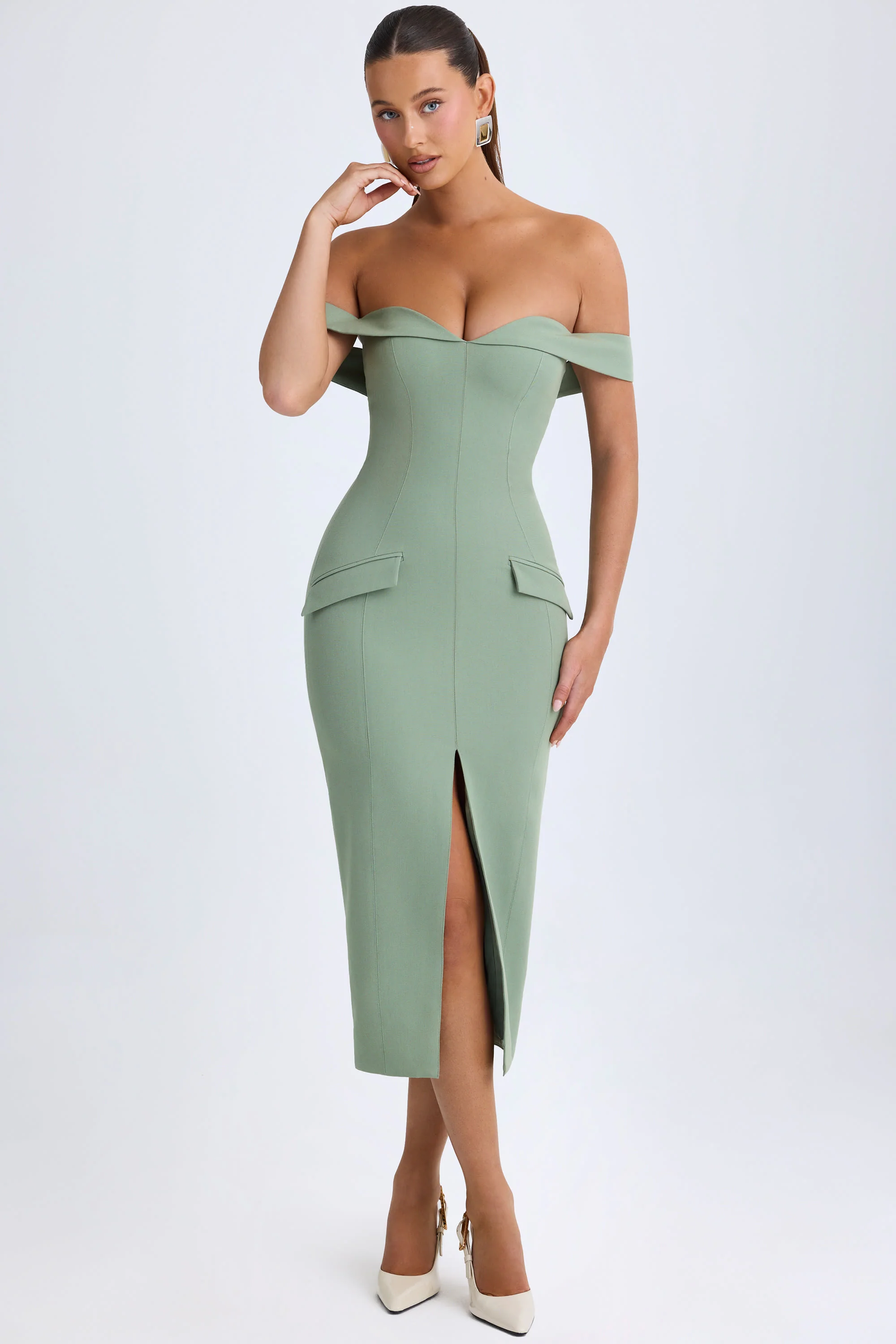Off-Shoulder Midaxi Dress in Khaki Green - TREBLEV