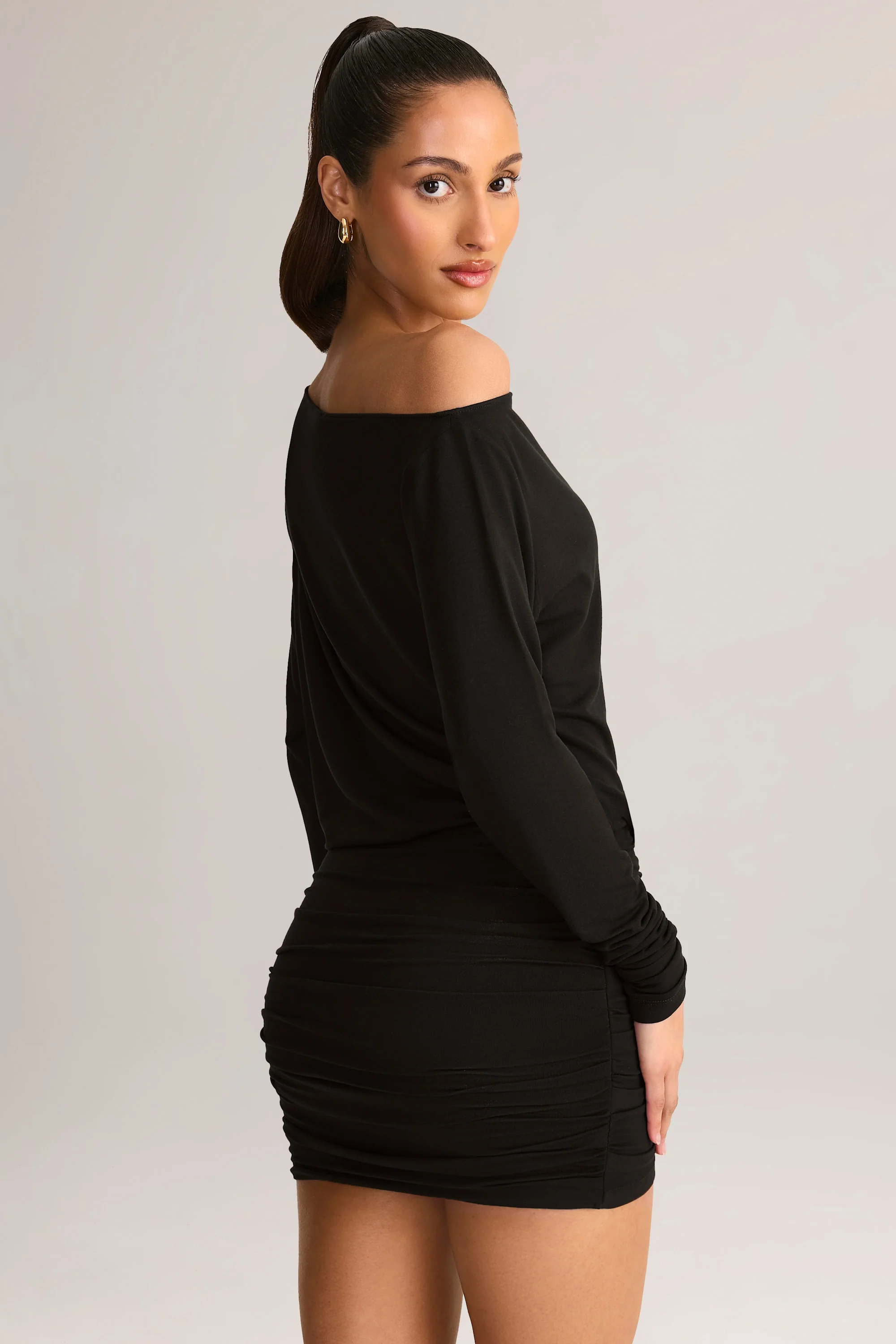 Modal Off-Shoulder Mini Dress in Black - TREBLEV