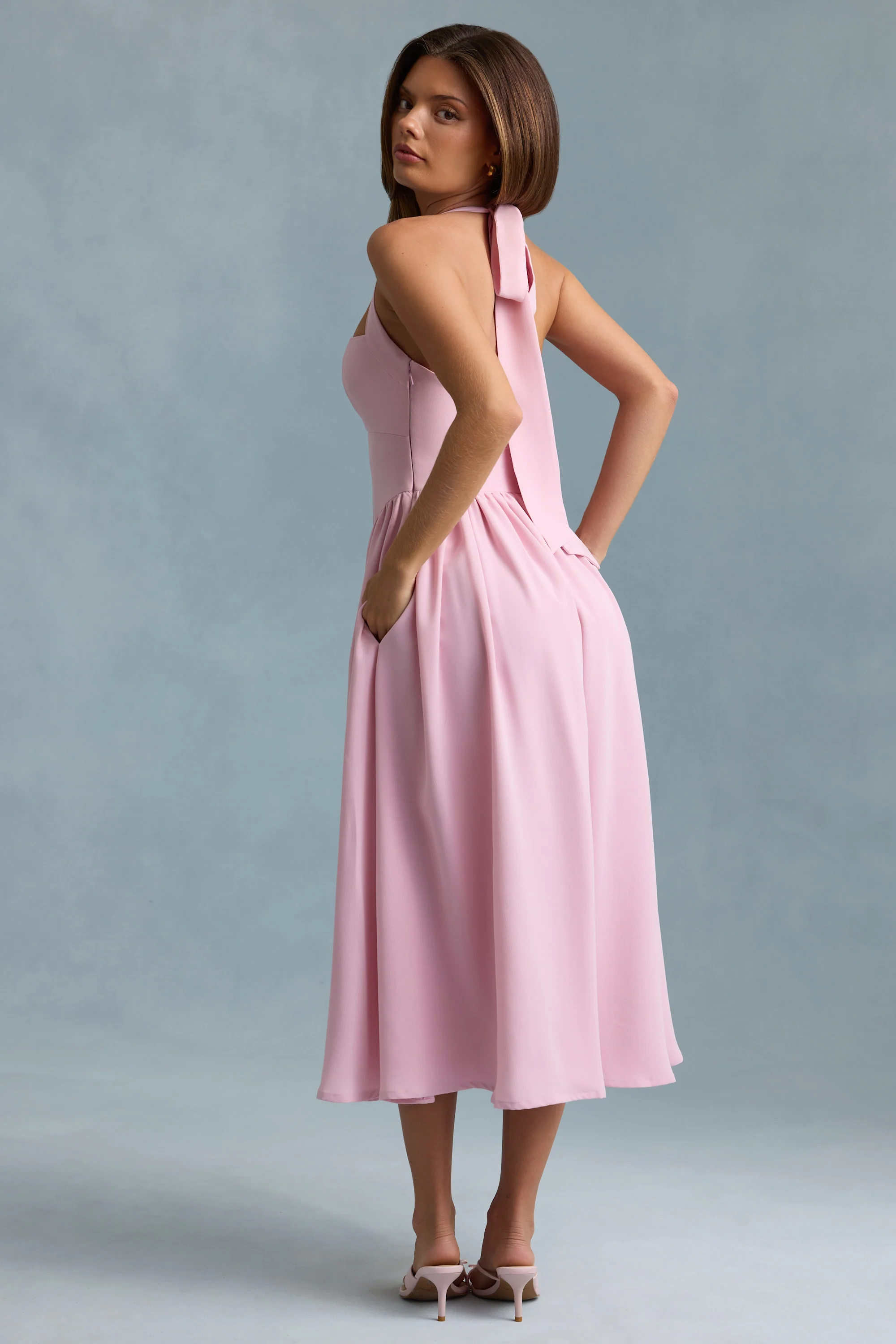 Button-Detail Halterneck Midaxi Dress in Soft Pink - TREBLEV