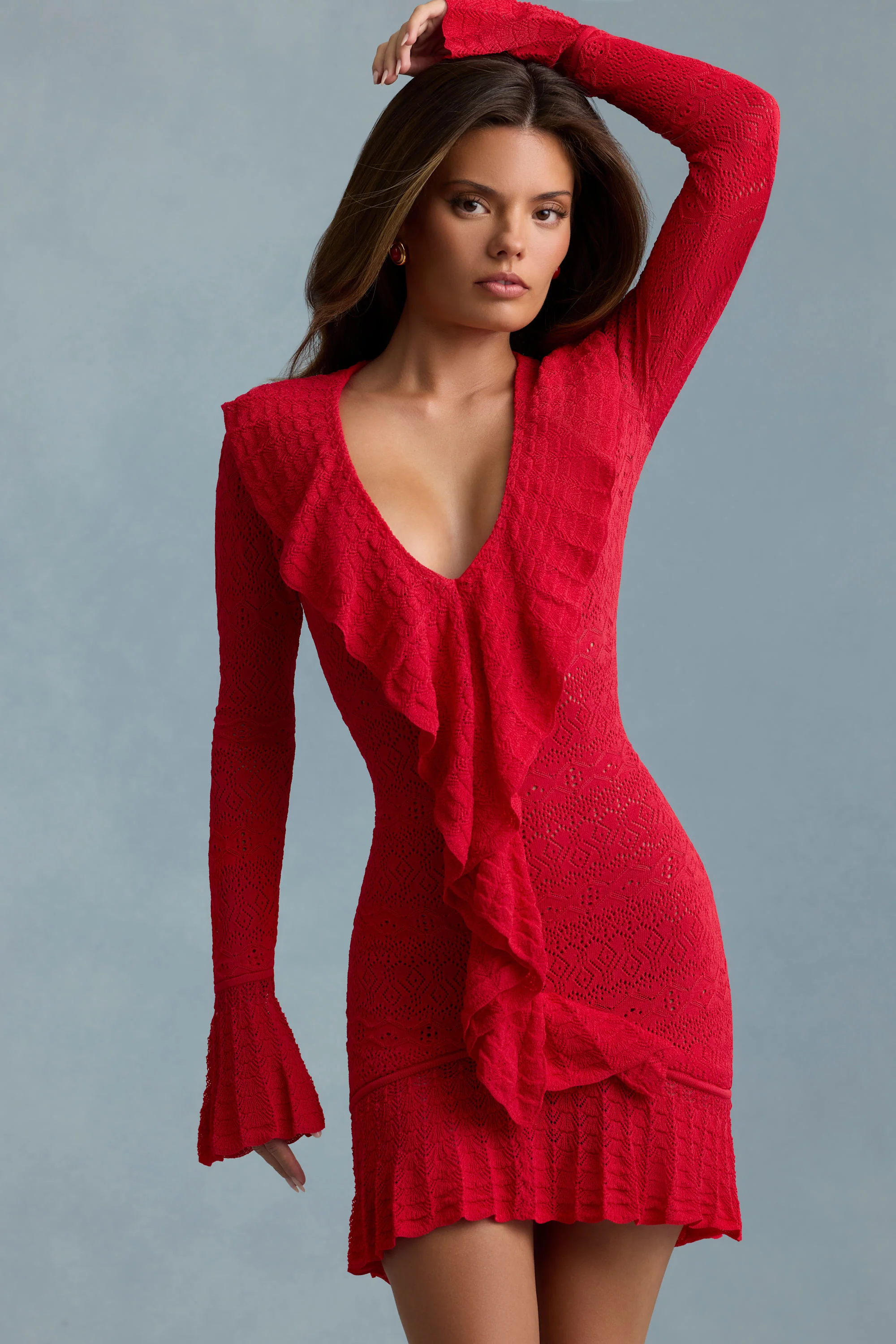 Ruffle-Trim Pointelle-Knit Mini Dress in Scarlet Red - TREBLEV