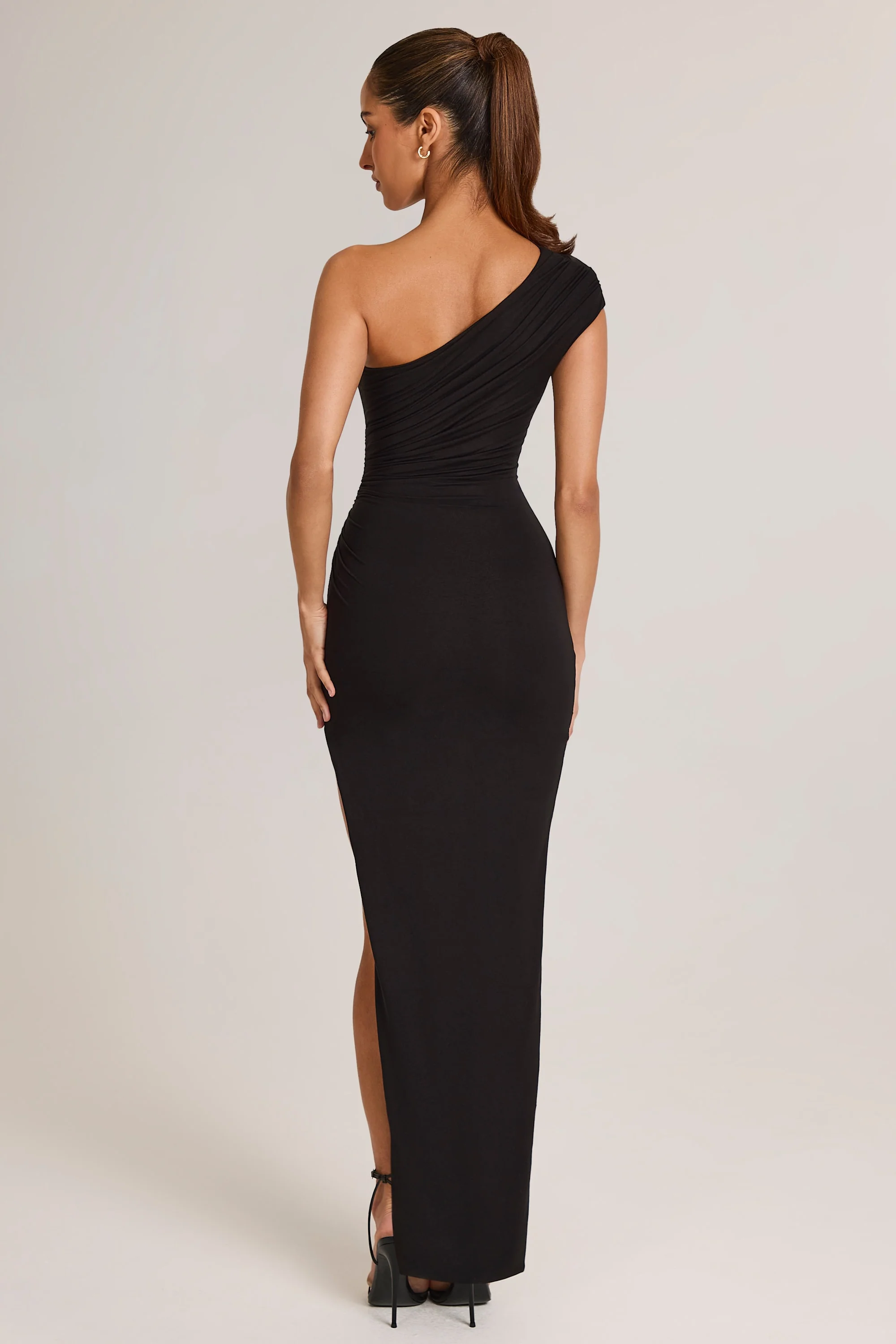 Modal Asymmetric Ruched Maxi Dress in Black - TREBLEV