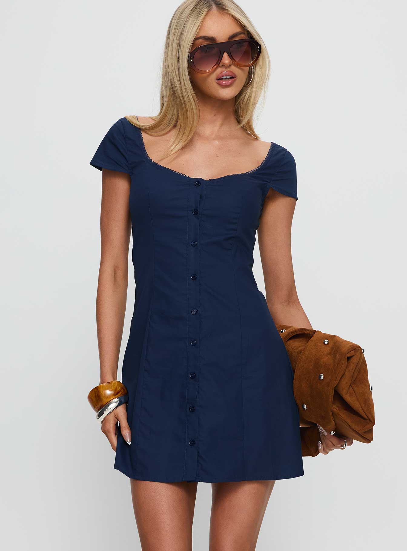 Marisella Button Down Mini Dress Navy - TREBLEV