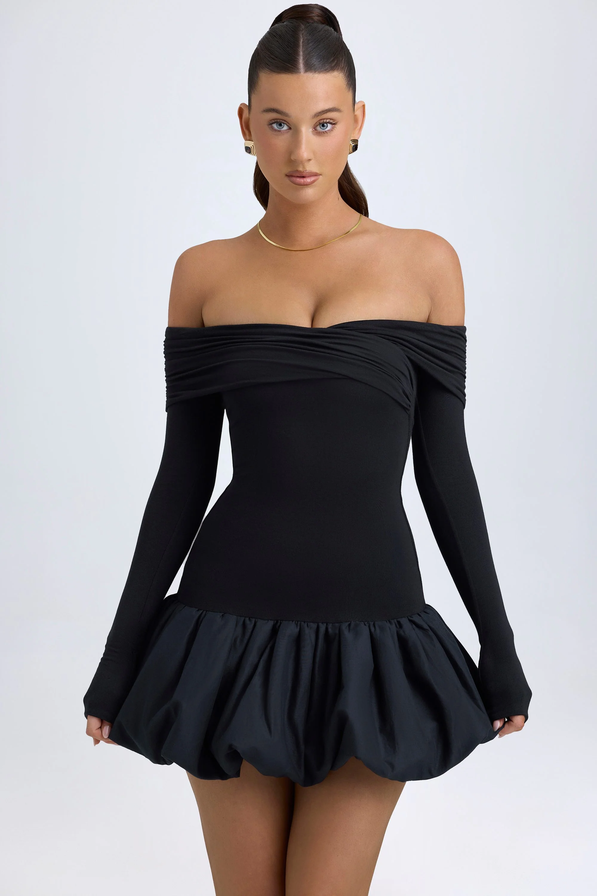 Modal Off-Shoulder Bubble Hem Mini Dress in Black - TREBLEV