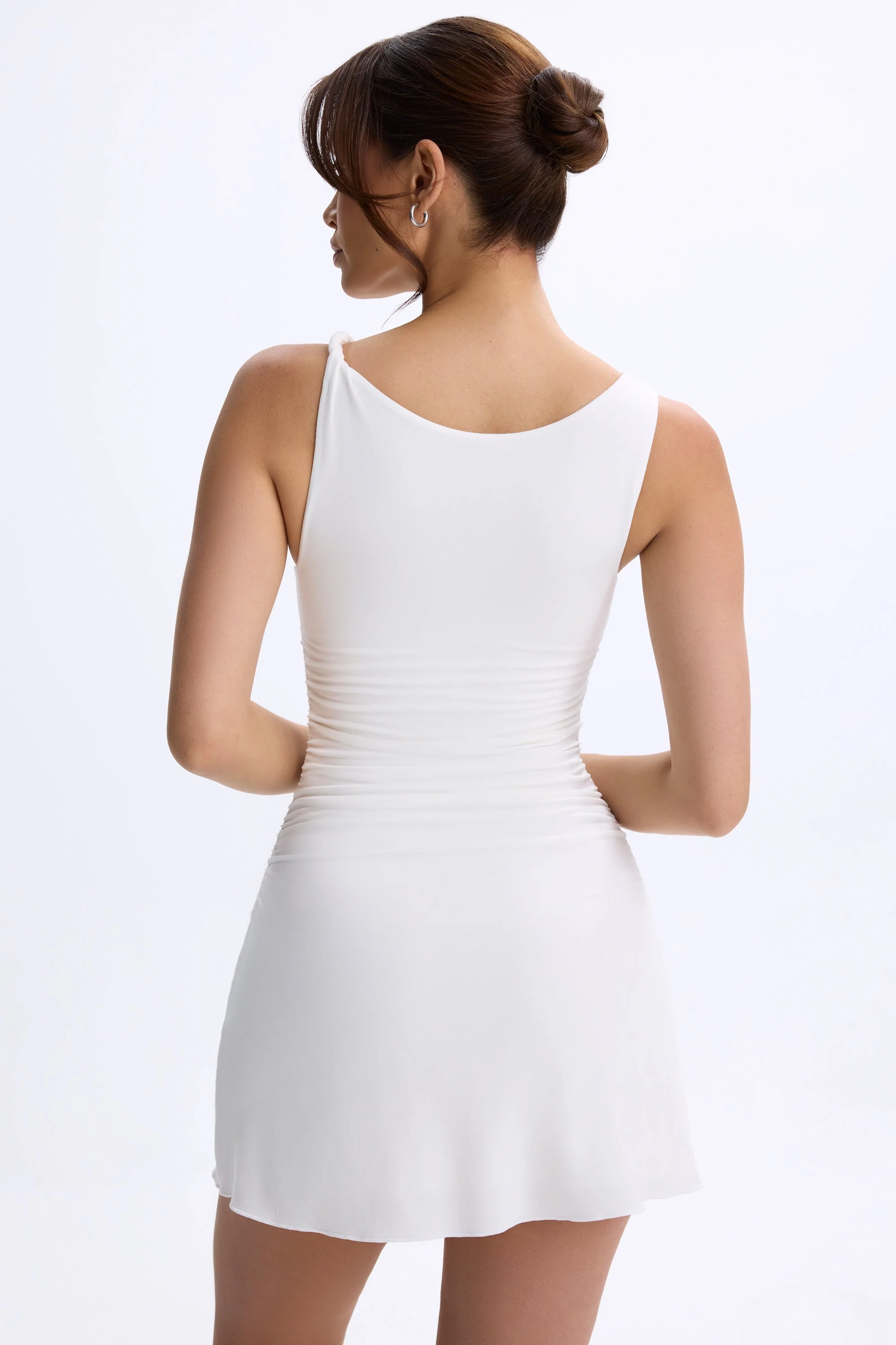 Ruched A-Line Micro Mini Dress in White - TREBLEV