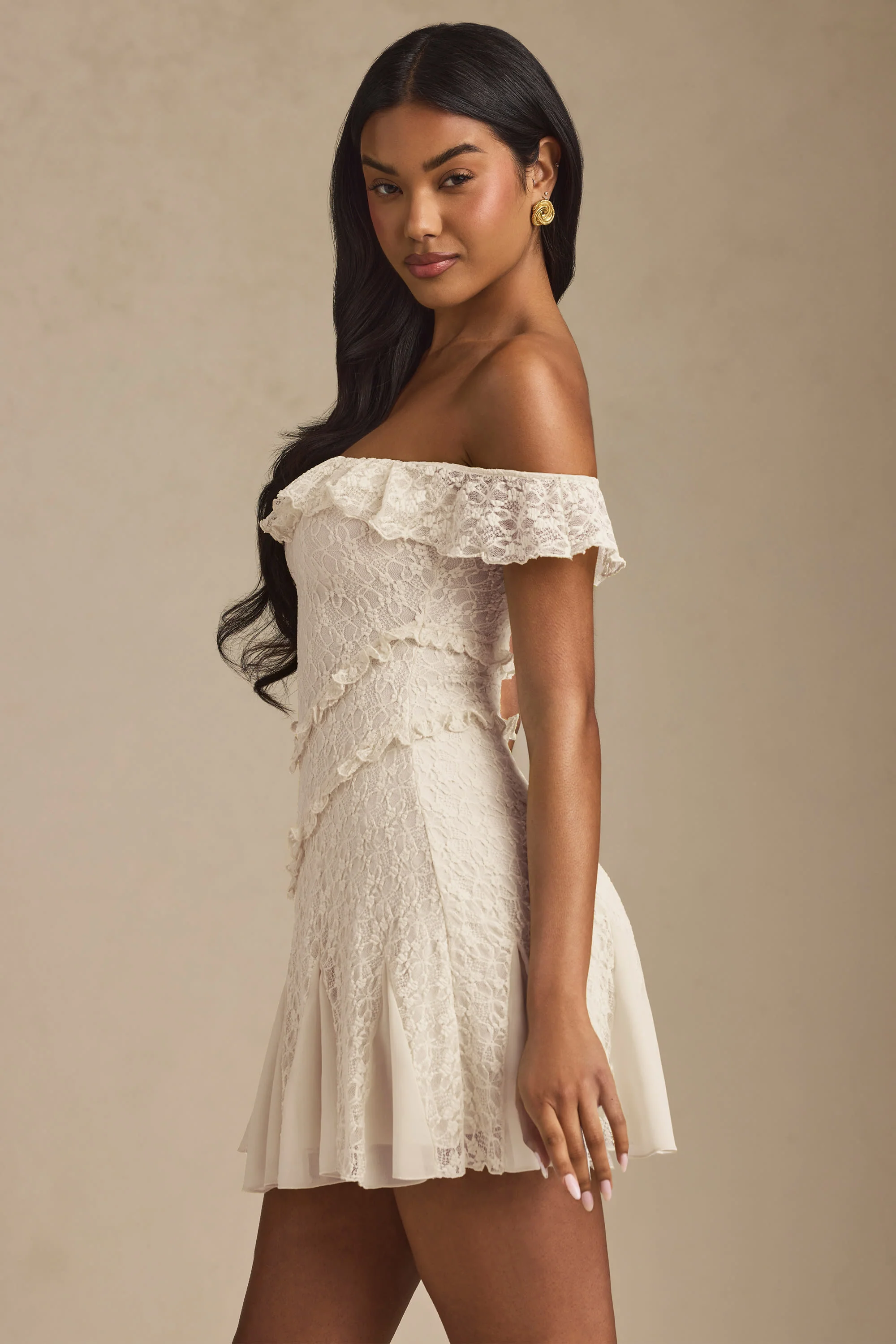 Off-Shoulder Lace A-Line Mini Dress in Ivory - TREBLEV