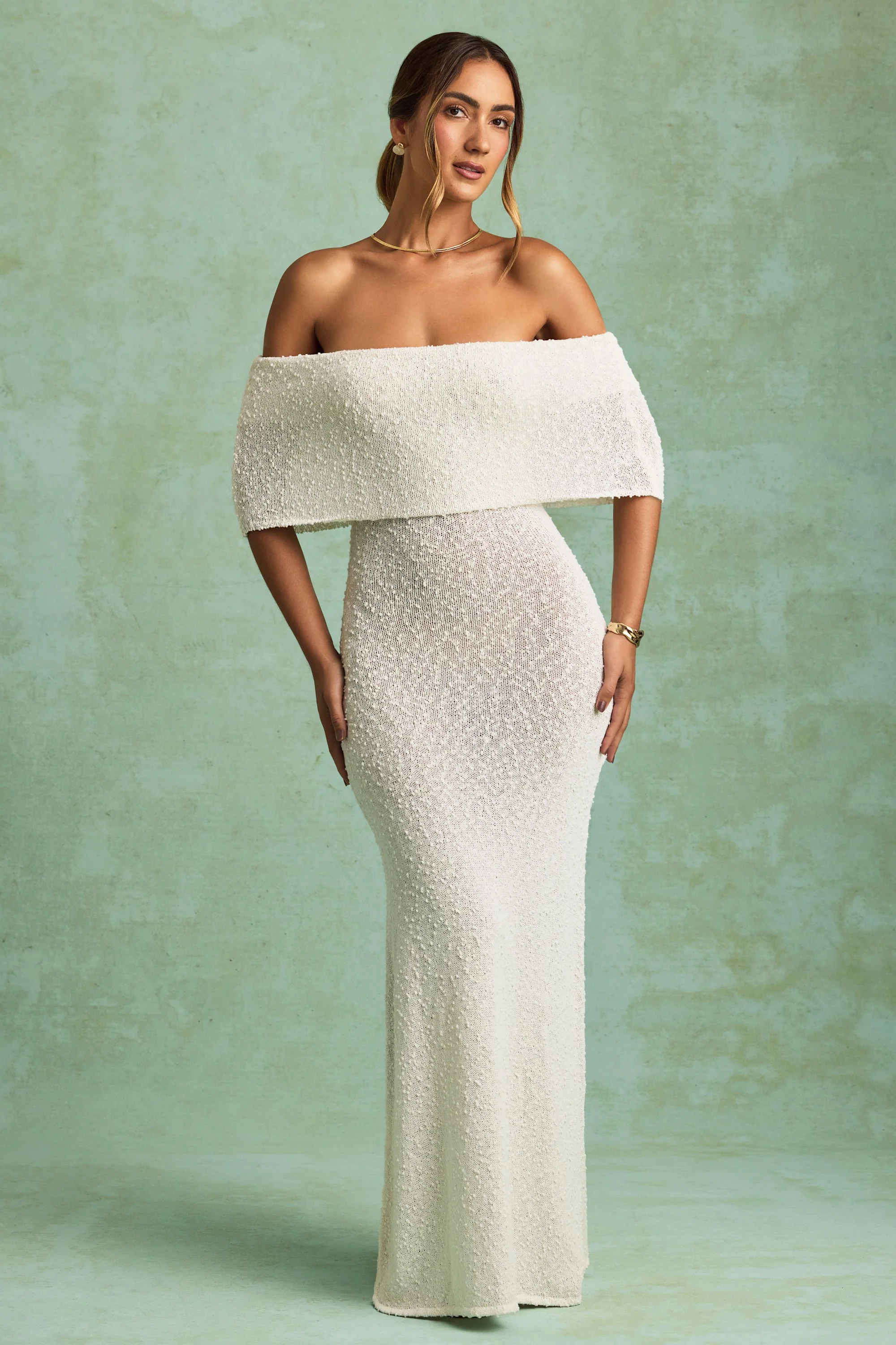 Bouclé Off-Shoulder Maxi Dress in White - TREBLEV