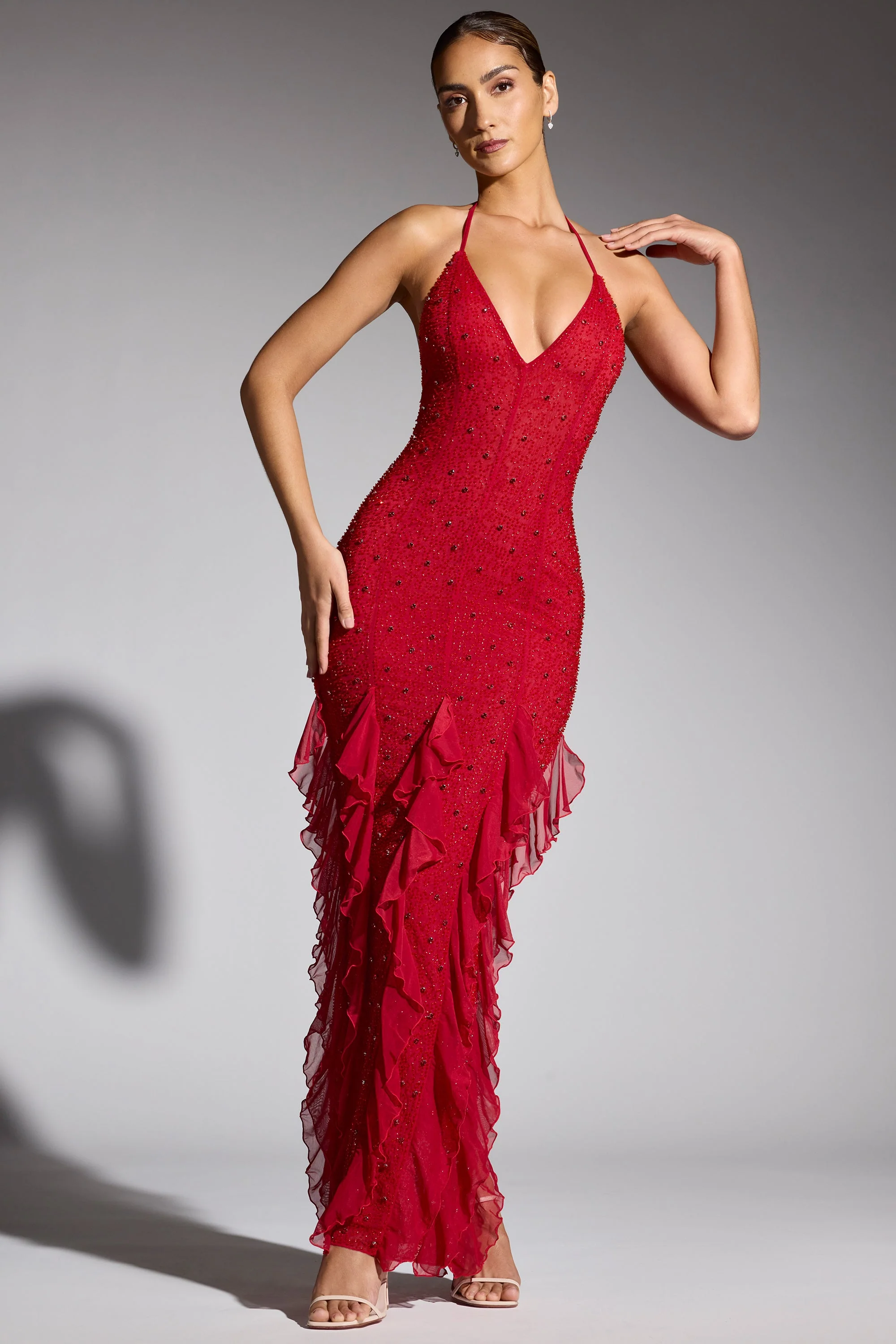 Embellished Halter Neck Ruffle Maxi Dress in Red - TREBLEV