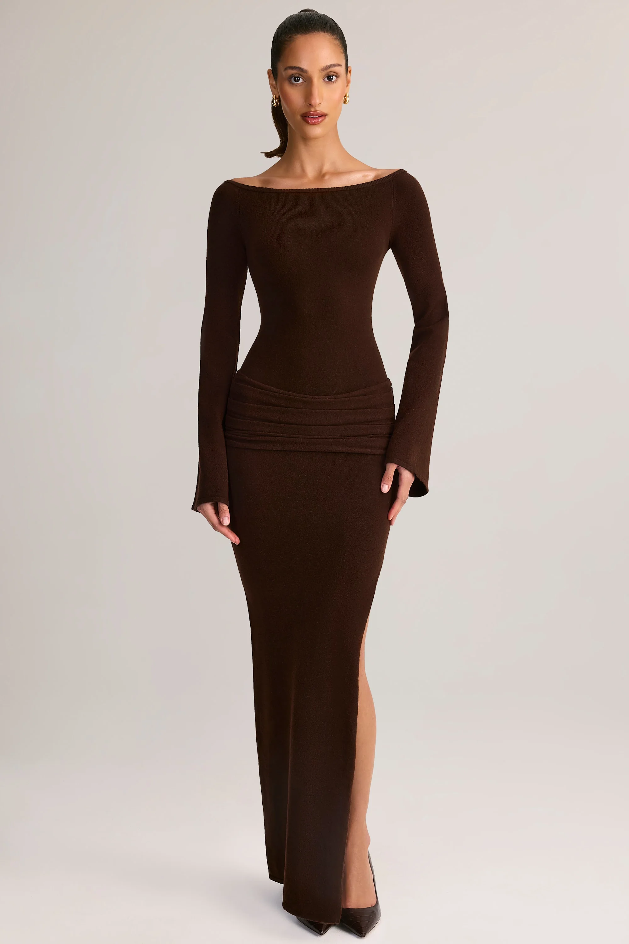 Knit Boat-Neck Long-Sleeve Maxi Dress in Chocolate Brown - TREBLEV