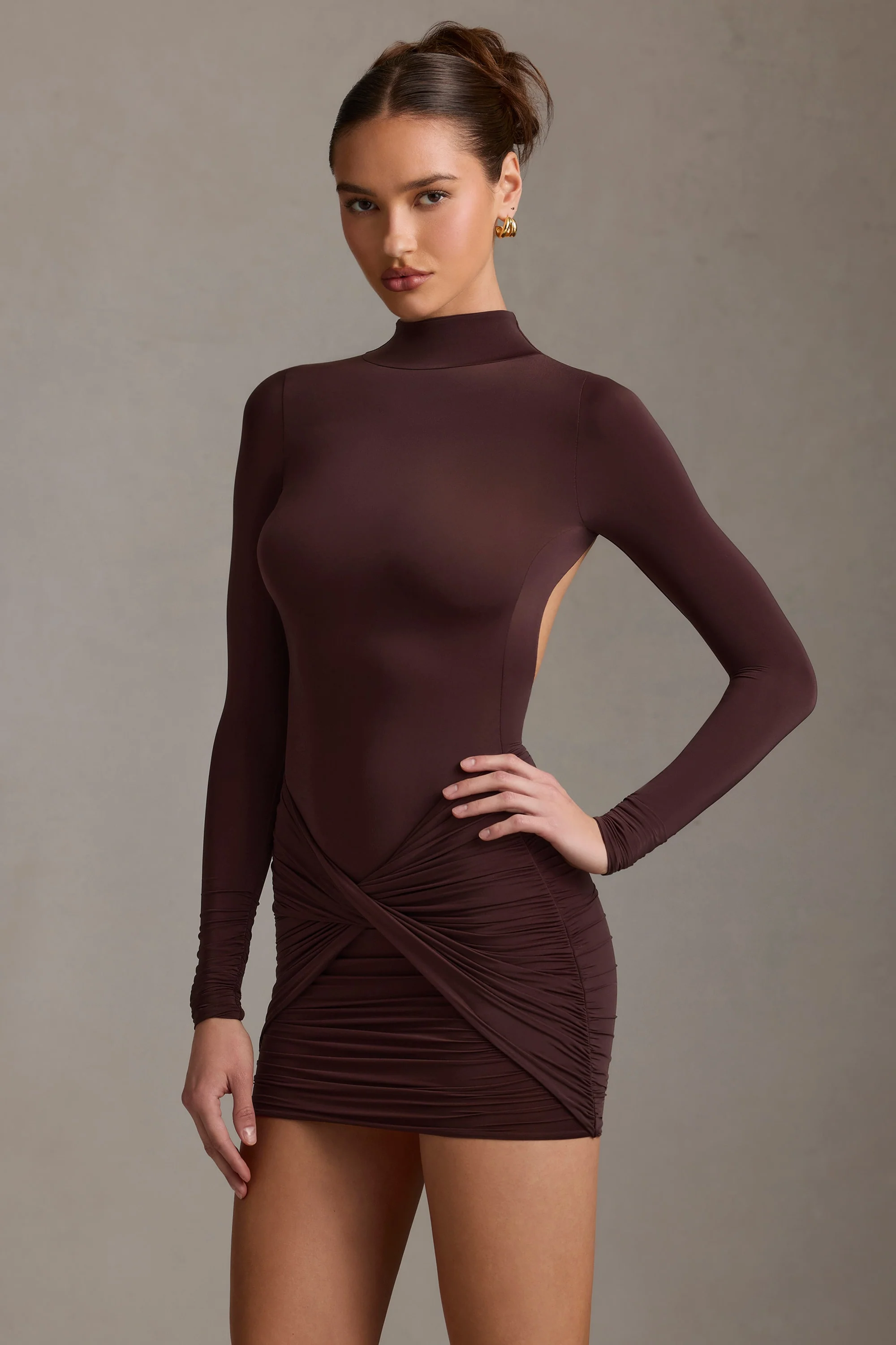 Ruched Backless Turtleneck Mini Dress in Chocolate Brown - TREBLEV