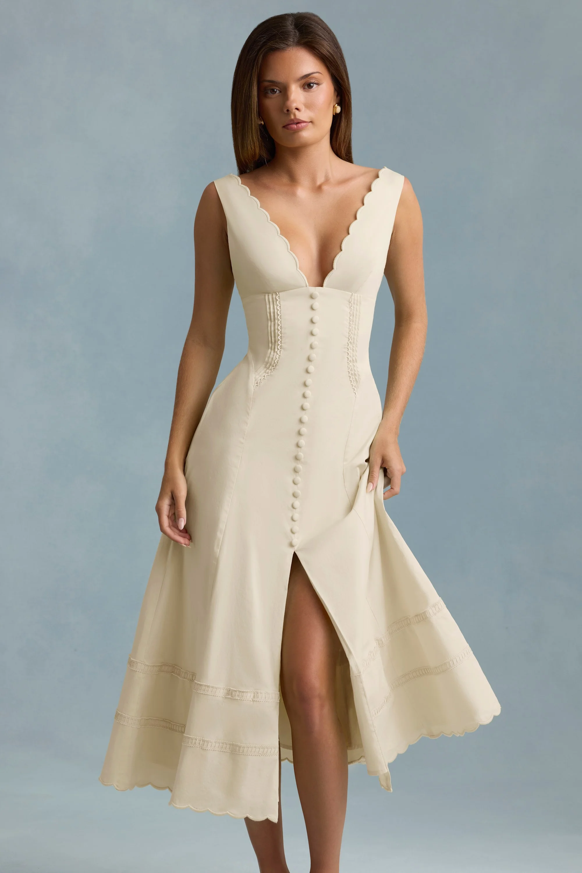 Cotton-Poplin A-Line Midaxi Dress in Ivory - TREBLEV