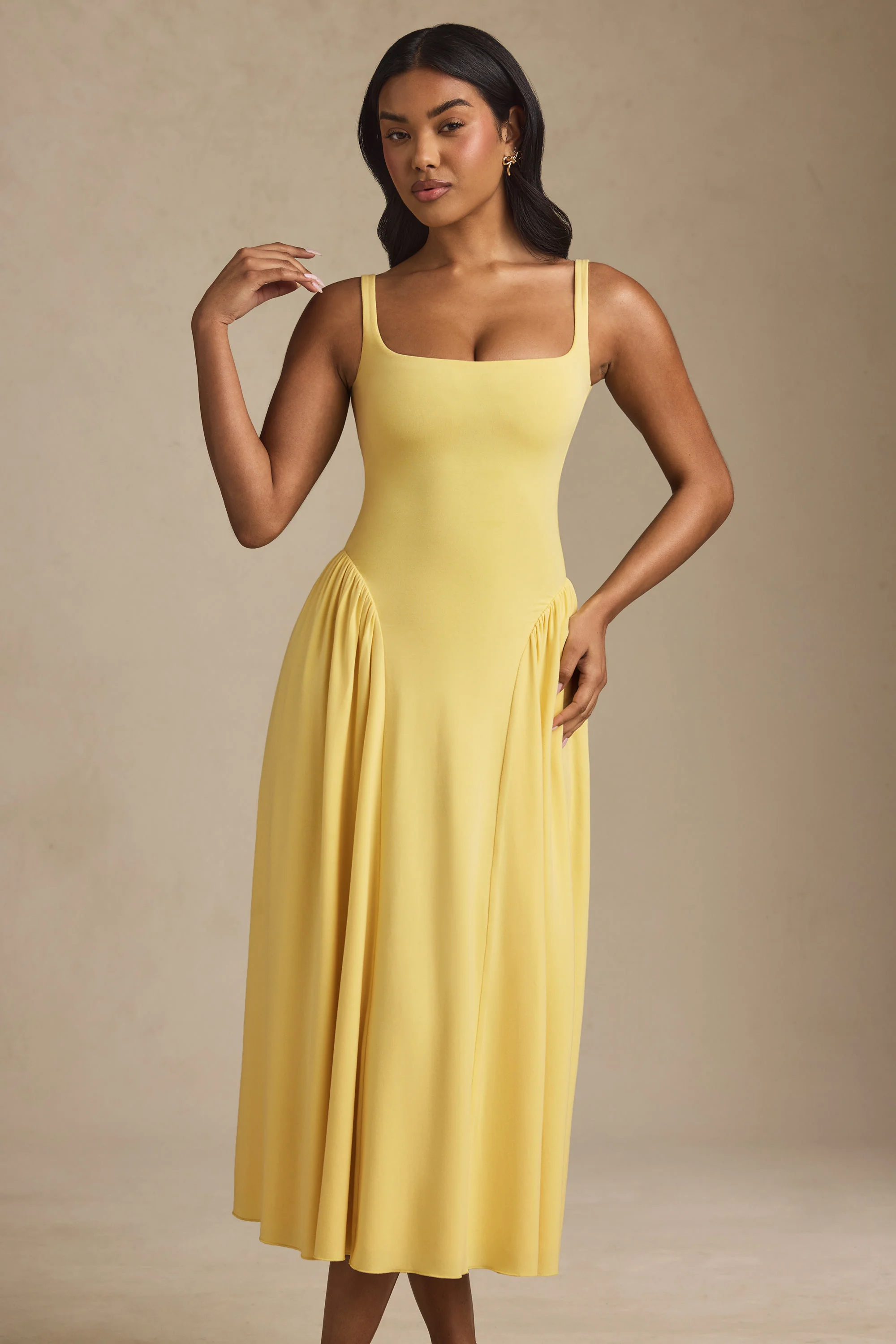 Modal A-Line Midaxi Dress in Pastel Yellow - TREBLEV