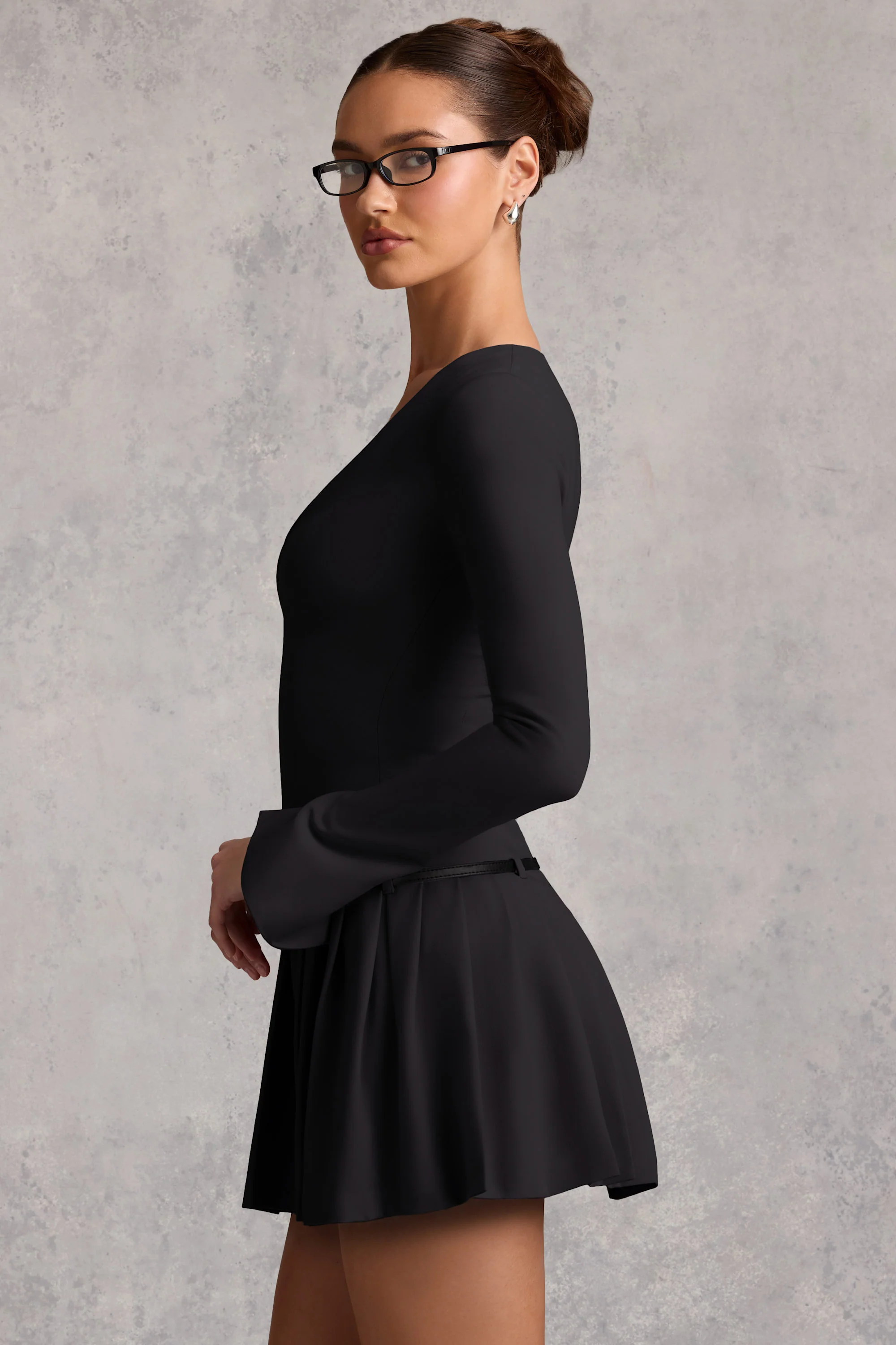 Long-Sleeve Pleated Mini Dress in Black - TREBLEV