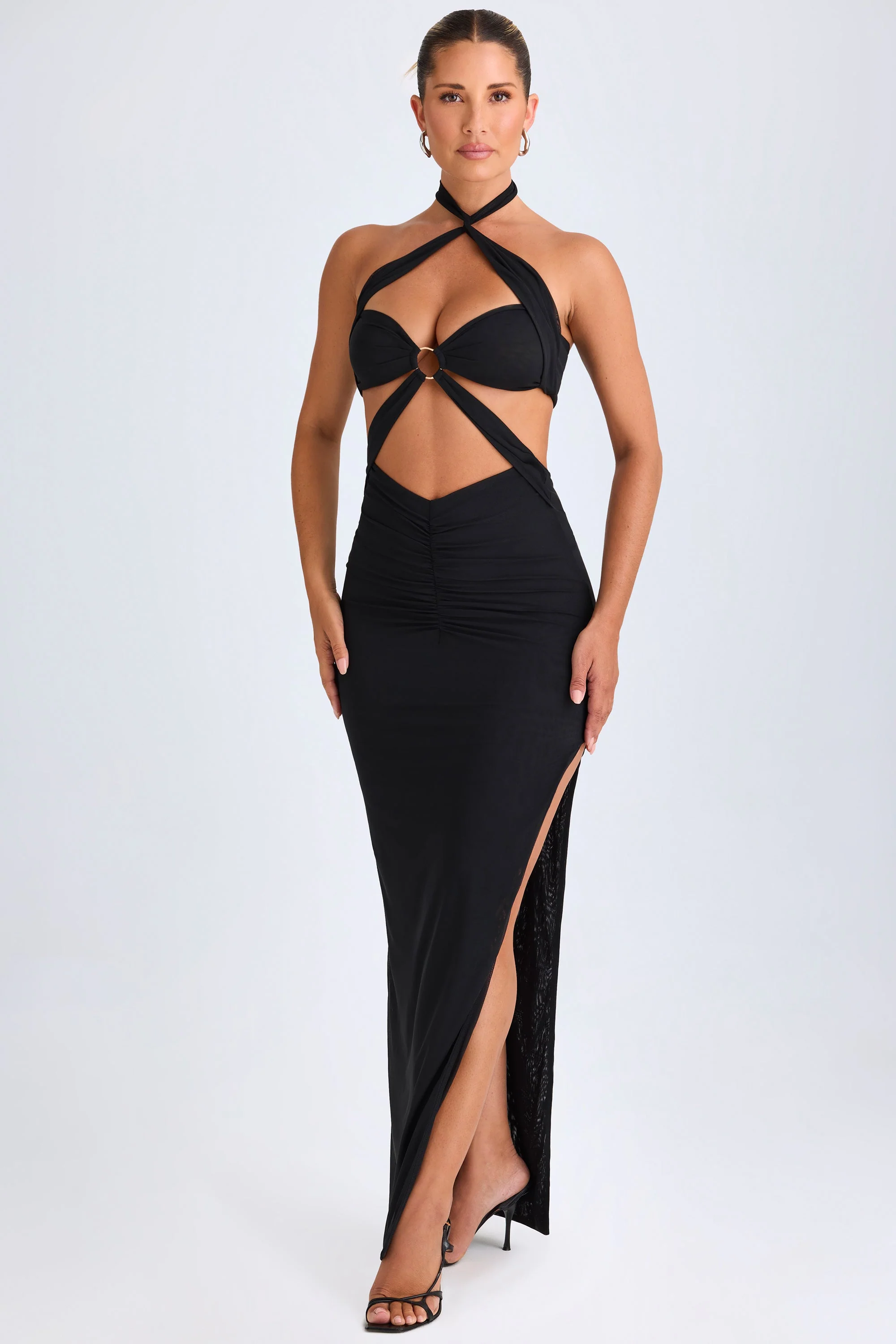 Hardware Detail Cut-Out Halterneck Maxi Dress in Black - TREBLEV