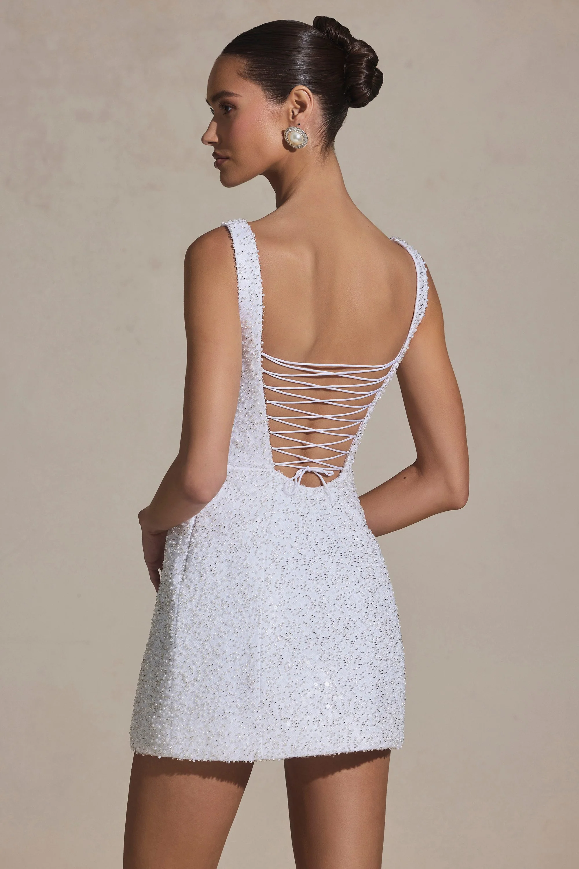 Embellished Structured A-Line Mini Dress in White - TREBLEV
