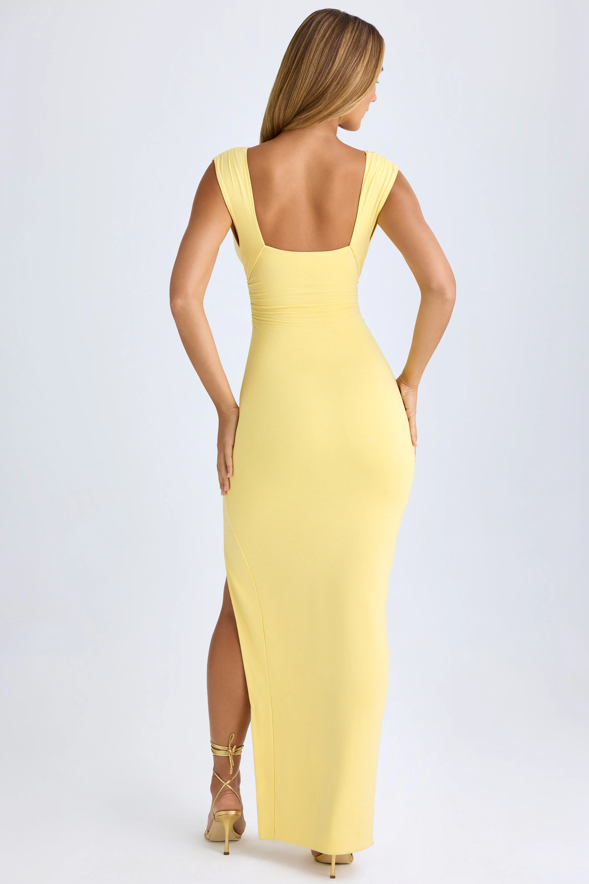 High Split Plunge Neck Maxi Dress in Lemon Sherbet - TREBLEV
