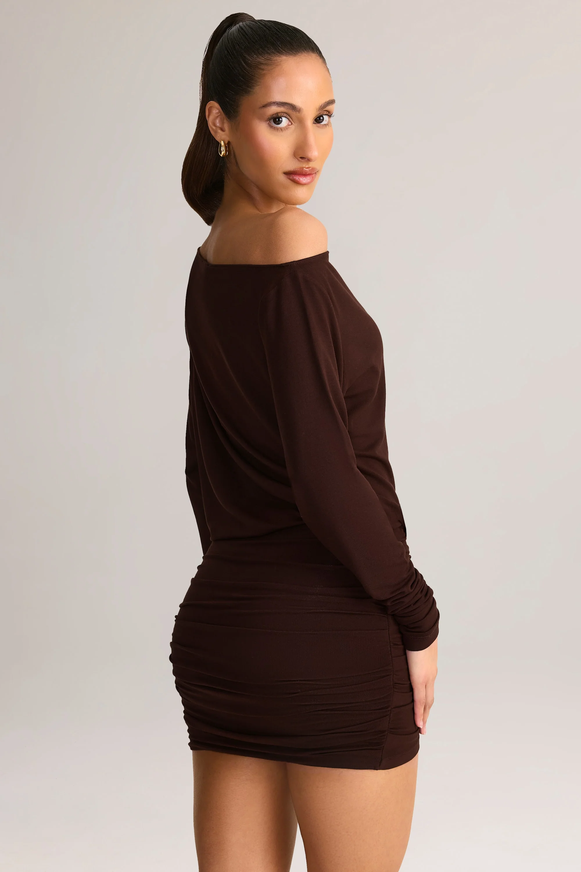 Modal Off-Shoulder Mini Dress in Chocolate Brown - TREBLEV