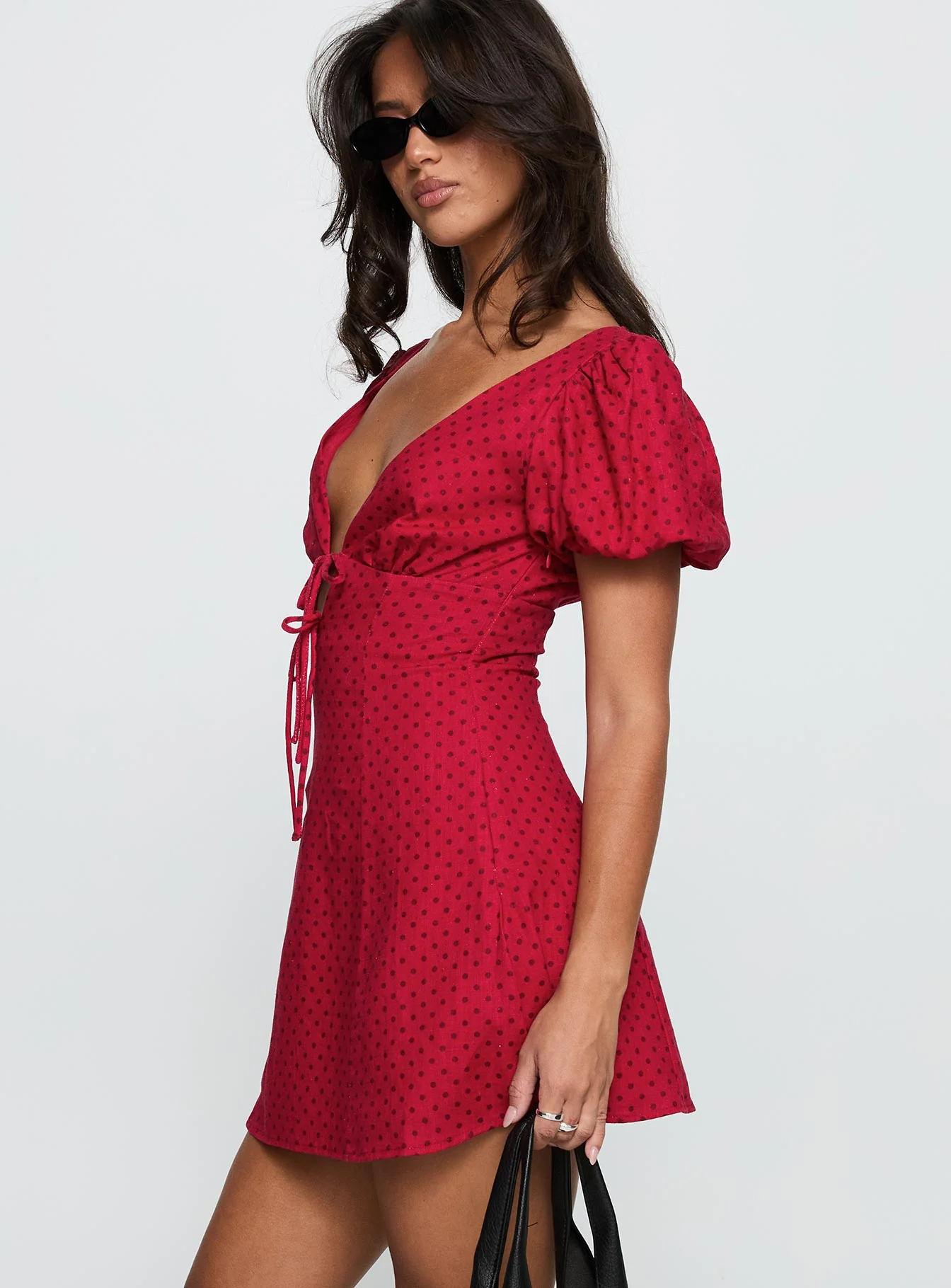 Beloved Puff Sleeve Linen Blend Mini Dress Red Polka - TREBLEV