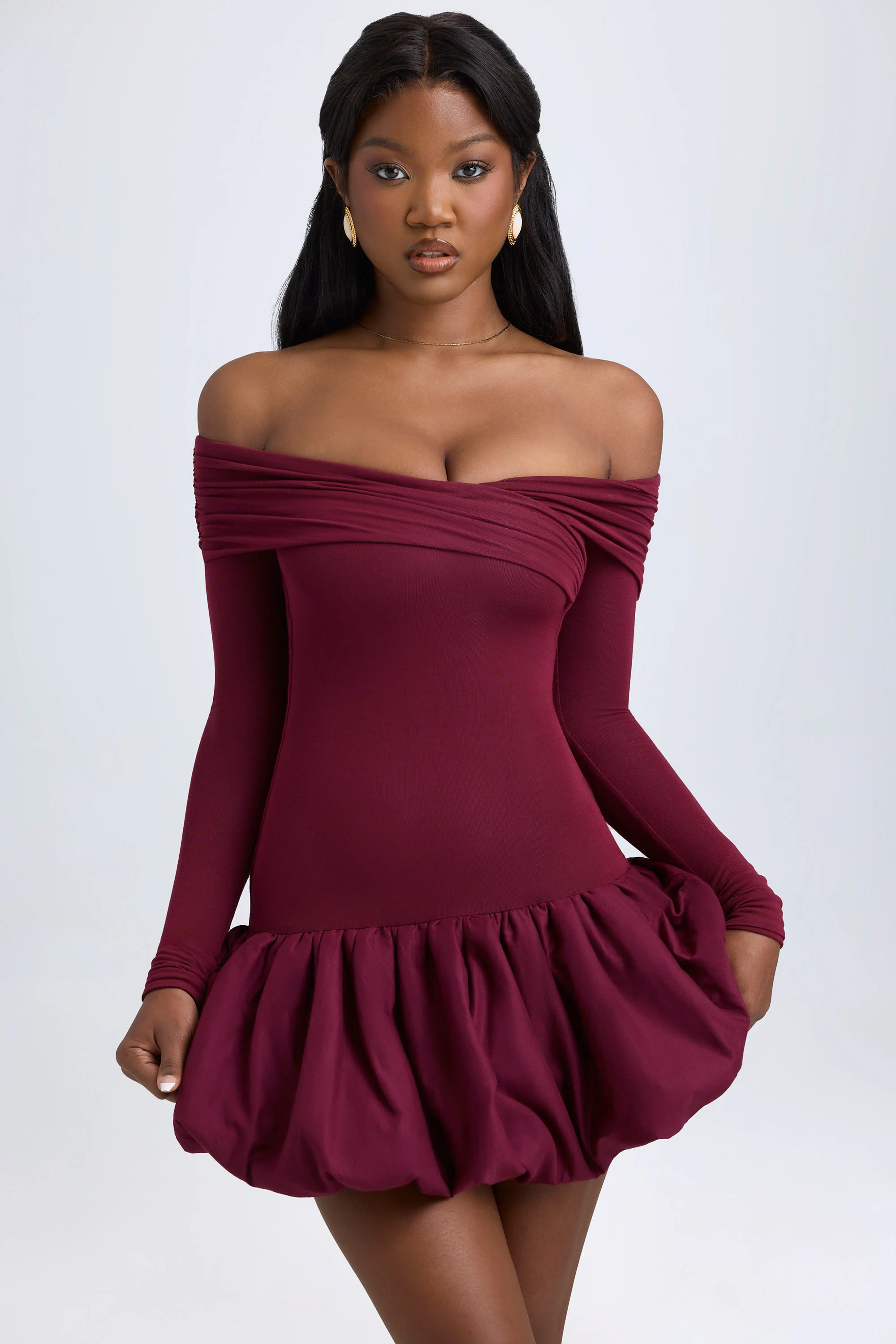 Modal Off-Shoulder Bubble Hem Mini Dress in Wine Red - TREBLEV