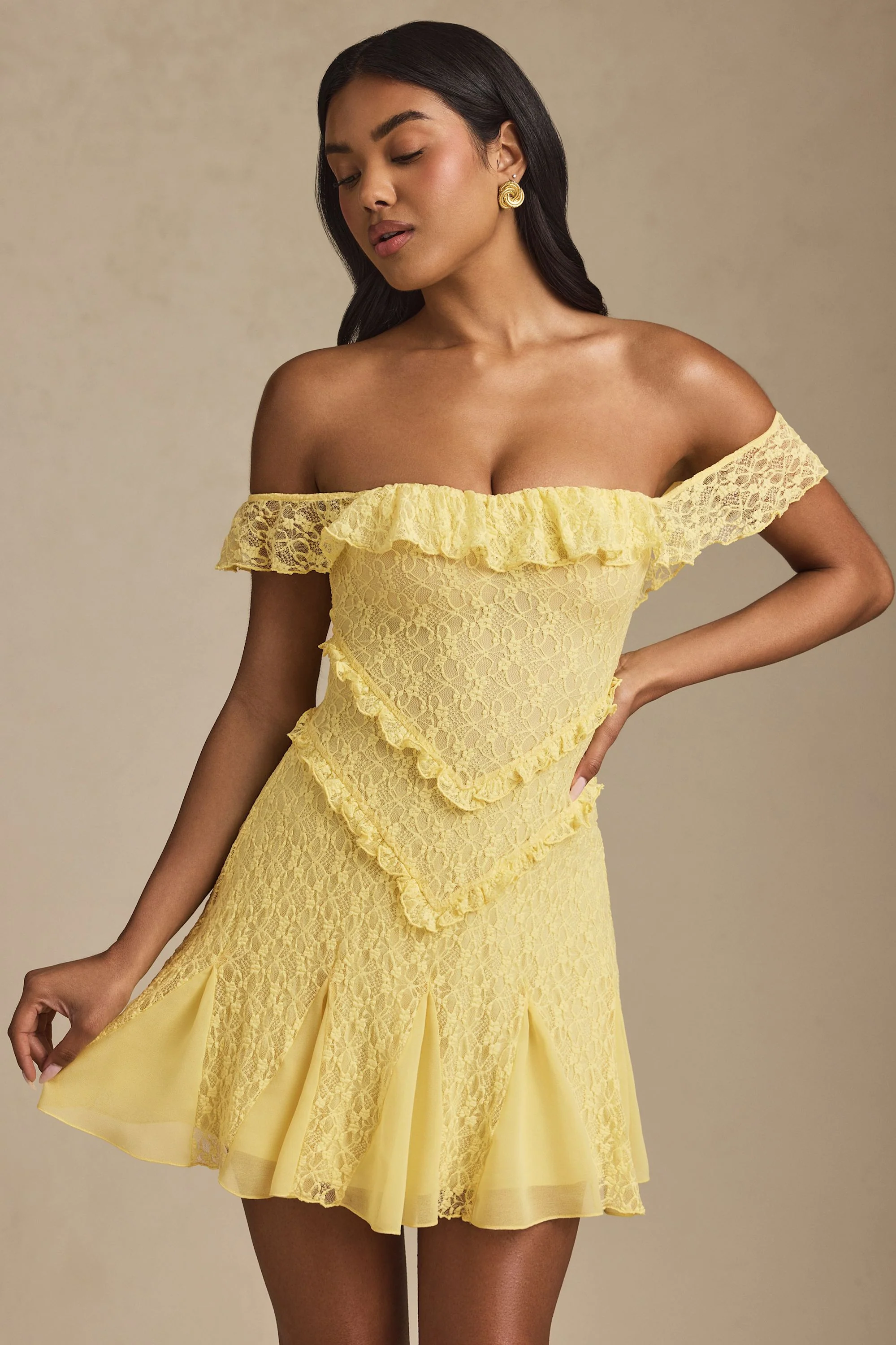 Off-Shoulder Lace A-Line Mini Dress in Pastel Yellow - TREBLEV