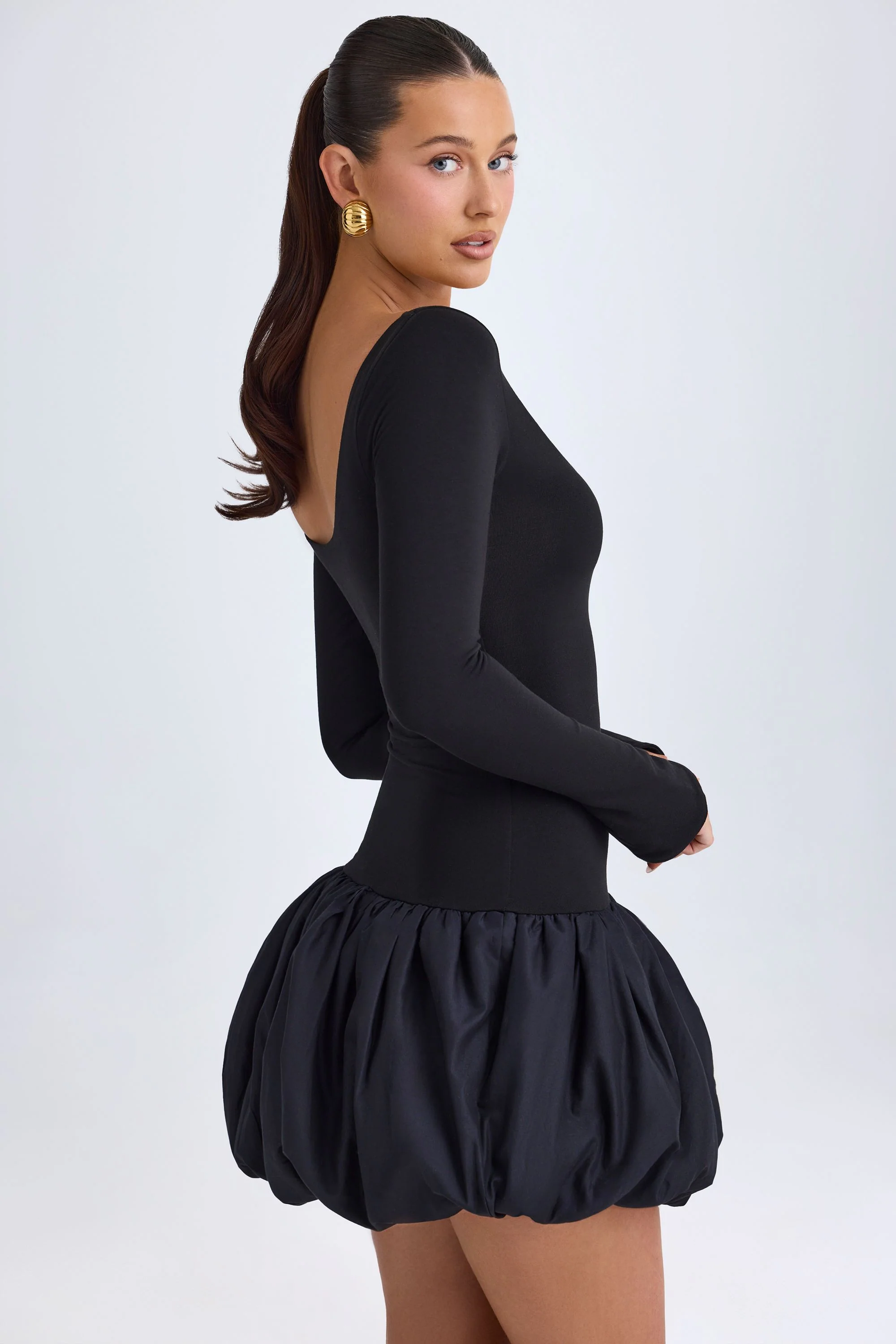 Scoop-Neck Drop-Waist Bubble Hem Mini Dress in Black - TREBLEV
