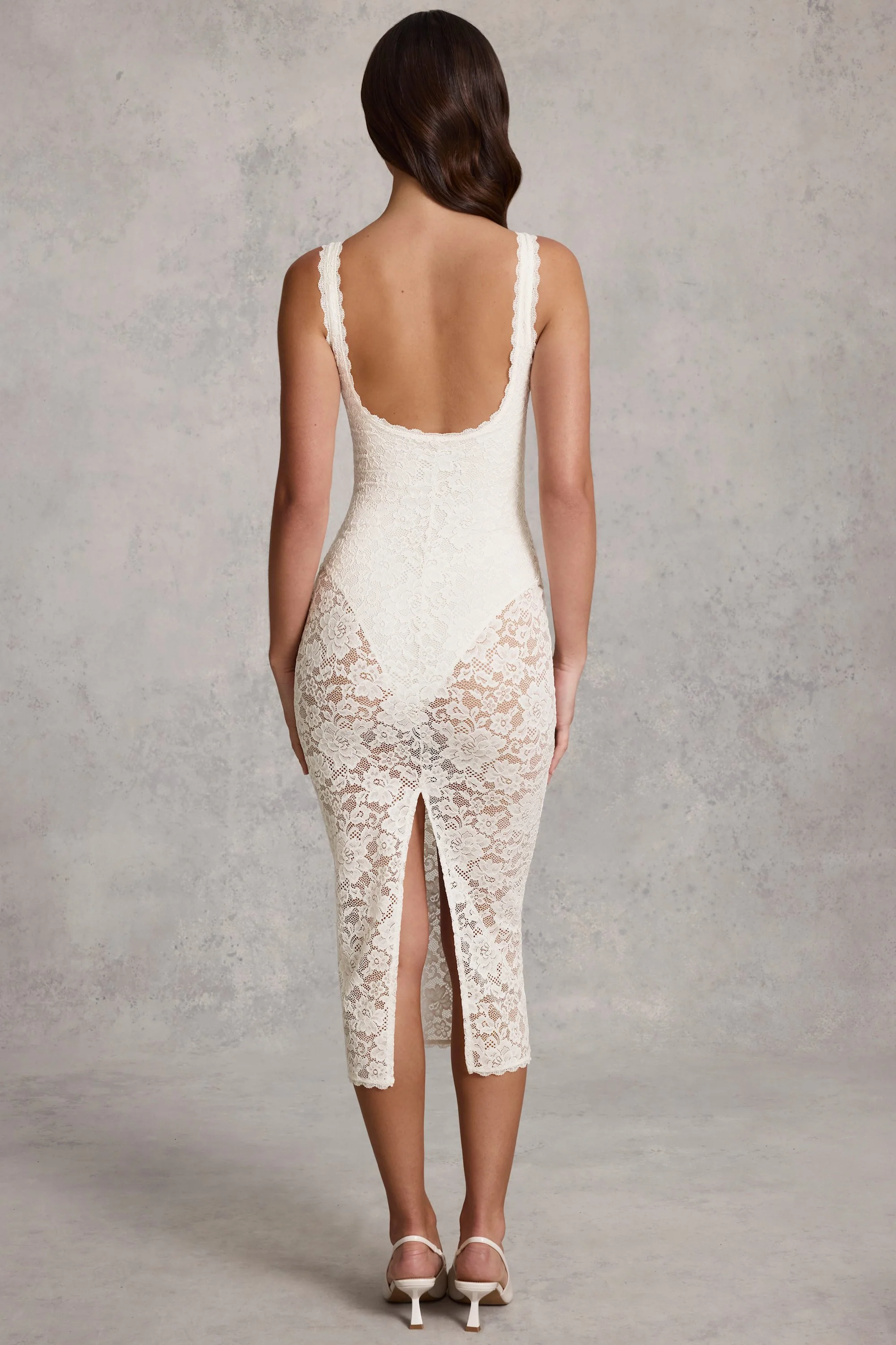 Lace Plunge Bodysuit Midaxi Dress in White - TREBLEV