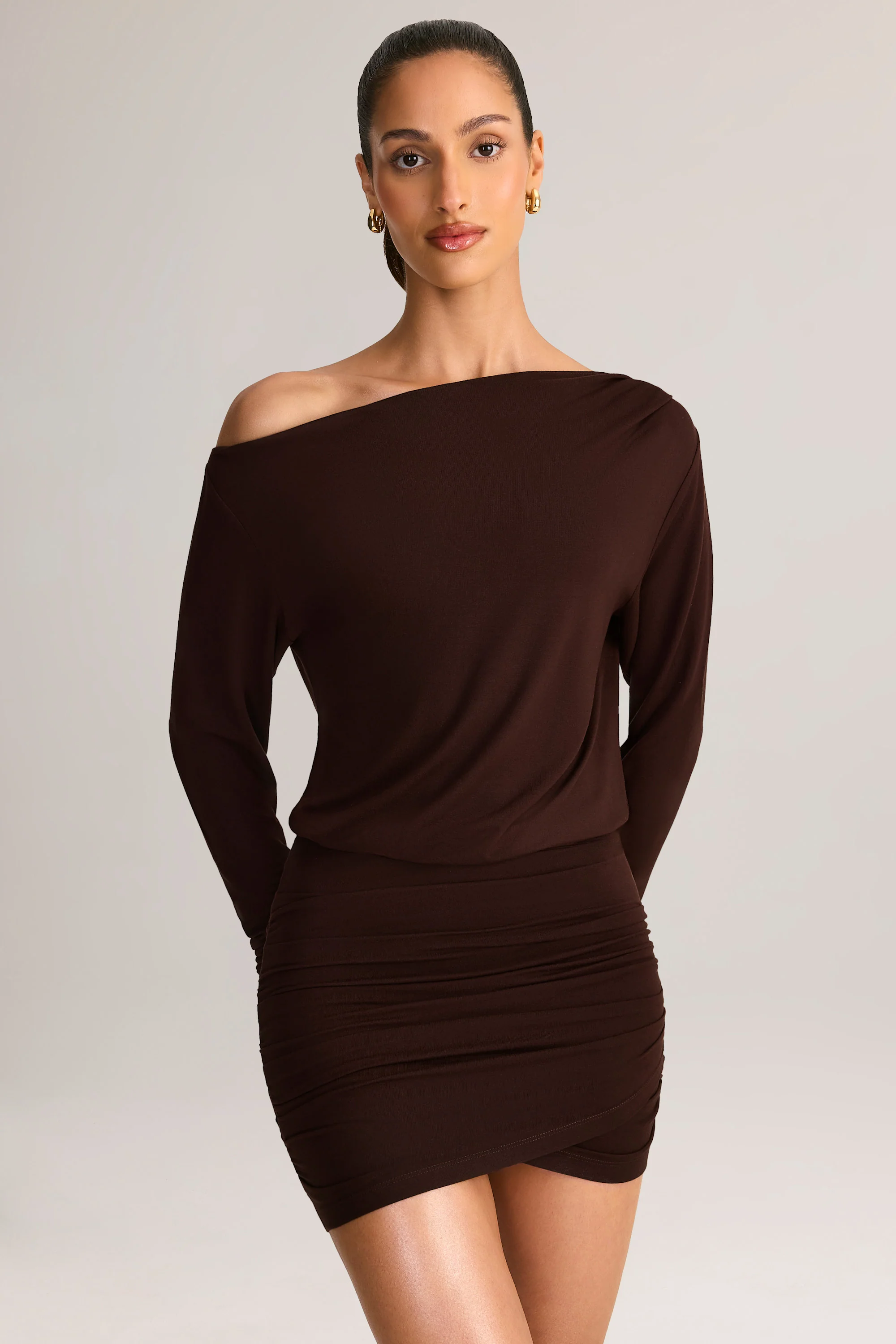 Modal Off-Shoulder Mini Dress in Chocolate Brown - TREBLEV