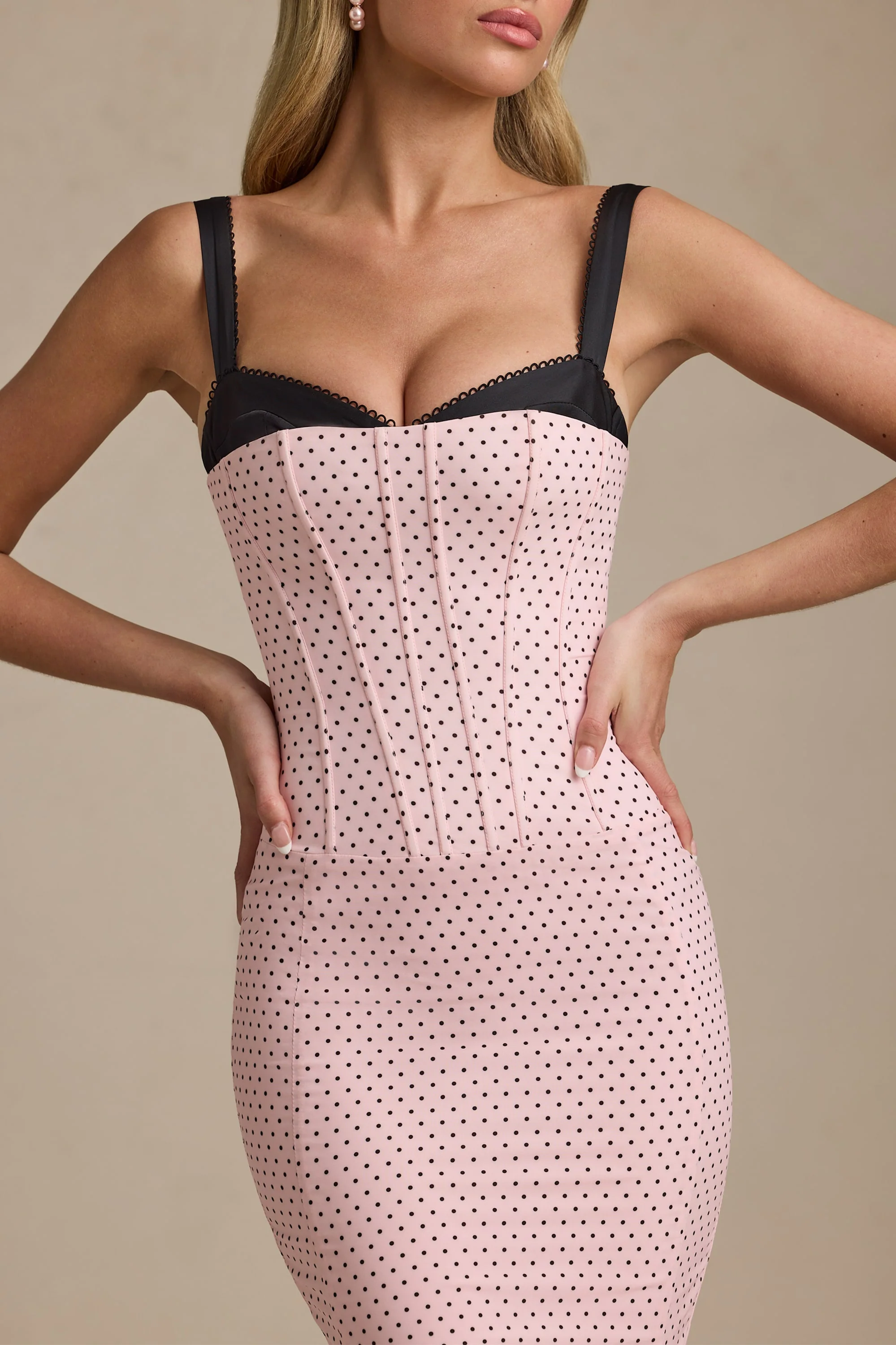 Layered Bra-Detail Fishtail Midaxi Dress in Pink Polka Dot - TREBLEV