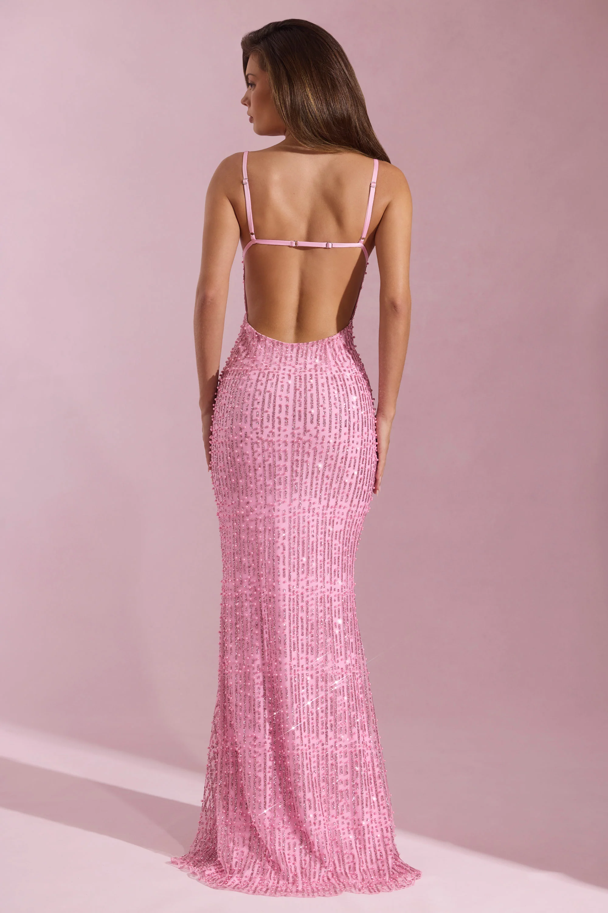 Embellished Cowl-Neck Backless Maxi Dress in Pink - TREBLEV