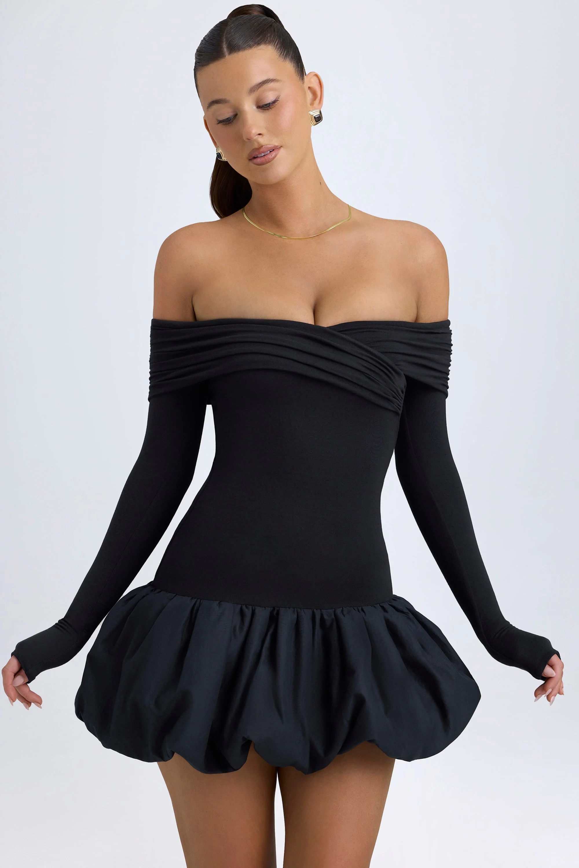Modal Off-Shoulder Bubble Hem Mini Dress in Black - TREBLEV