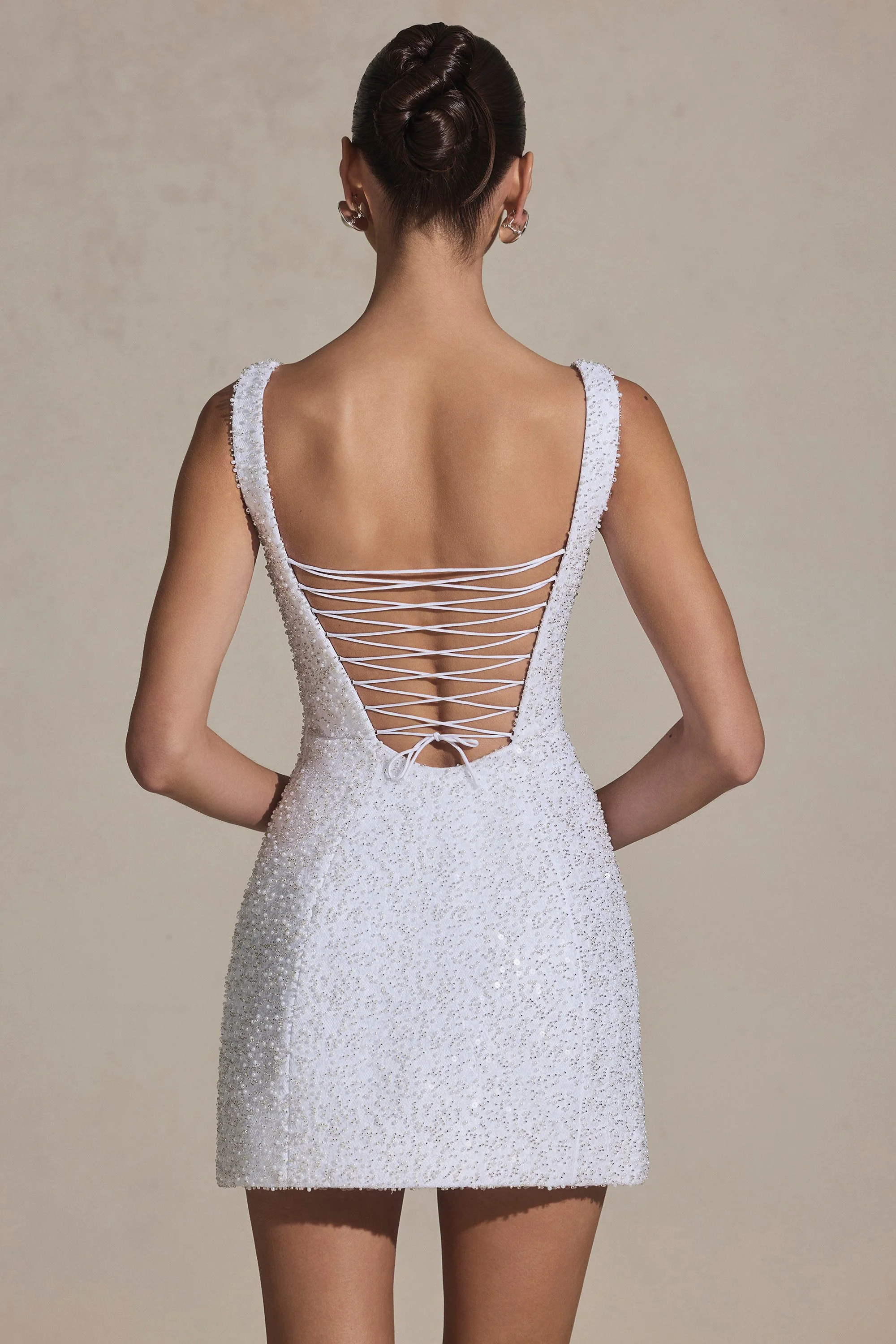 Embellished Structured A-Line Mini Dress in White - TREBLEV