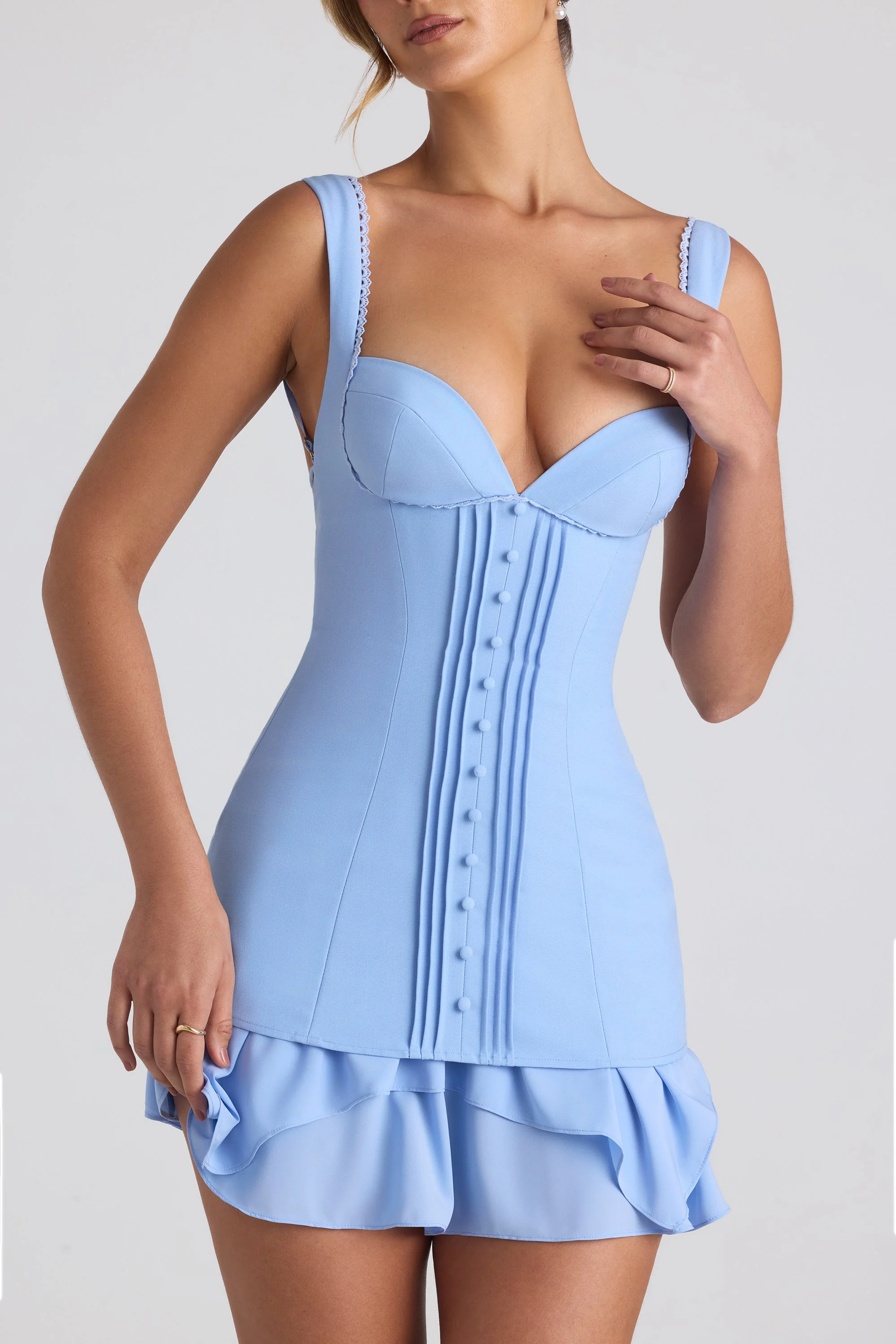 Ruffle-Trim Button-Detail Corset Mini Dress in Sky Blue - TREBLEV