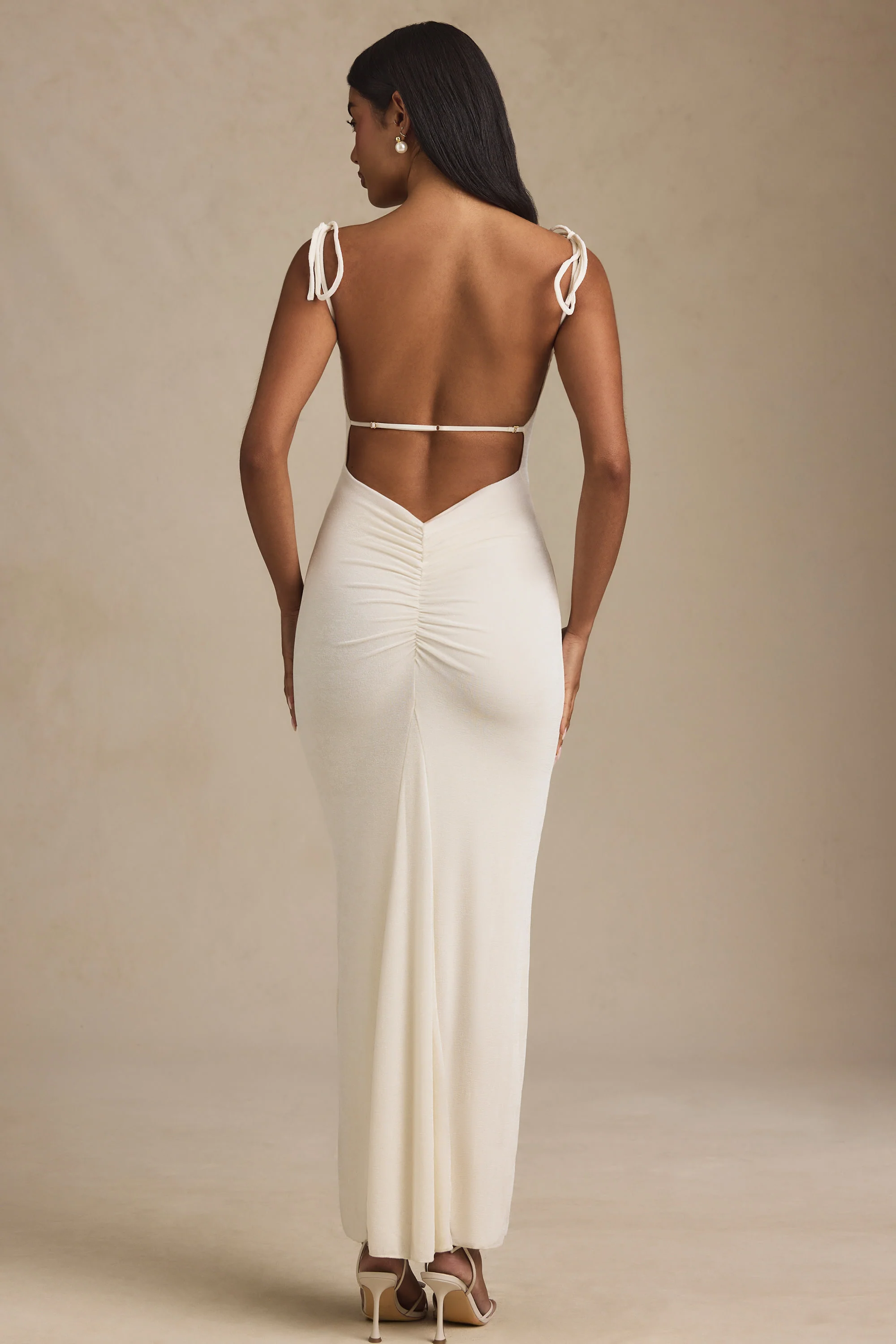 Textured Jersey Backless Maxi Dress in Ivory - TREBLEV