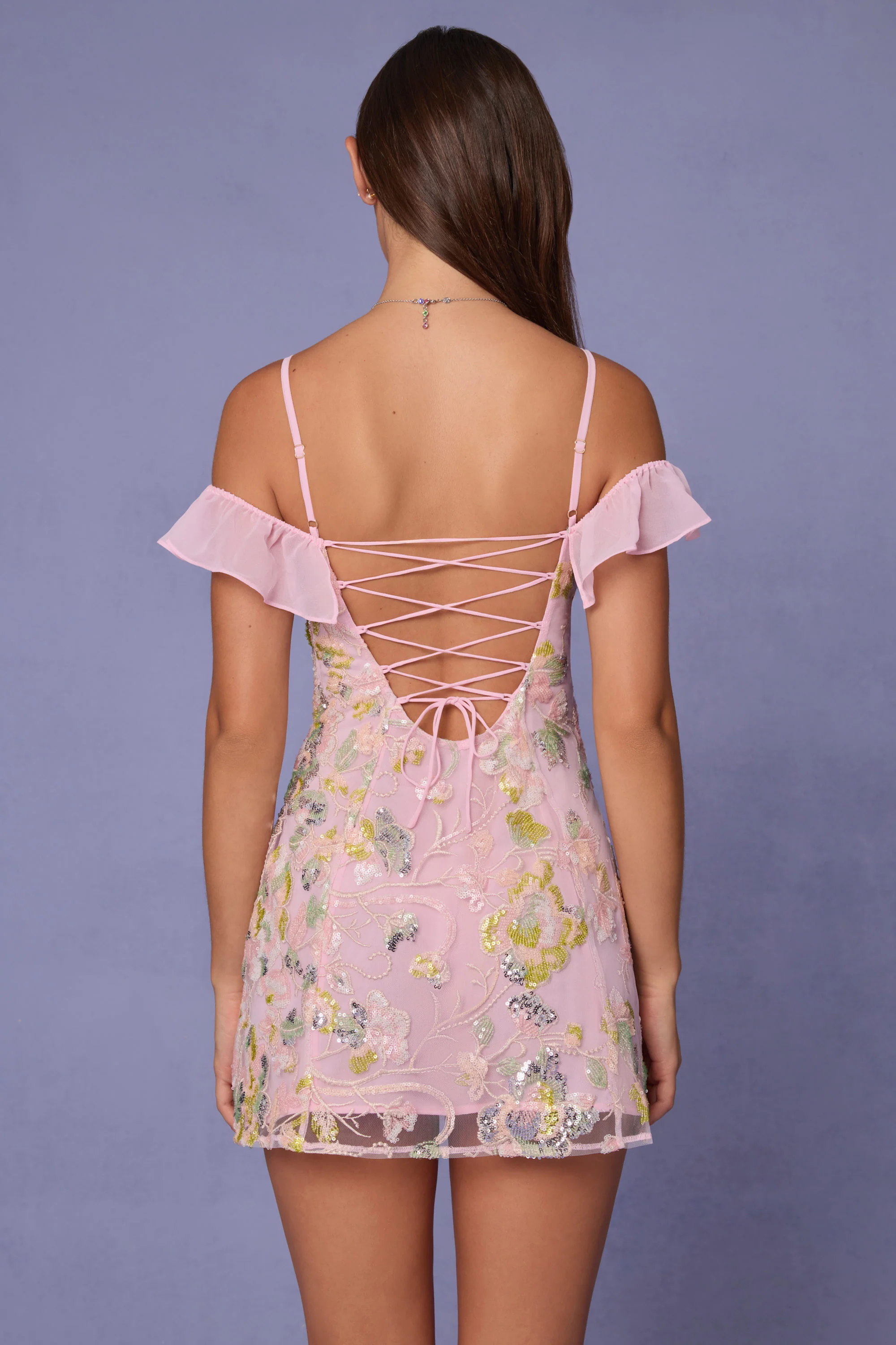 Embellished Lace-Up A-Line Mini Dress in Soft Pink - TREBLEV
