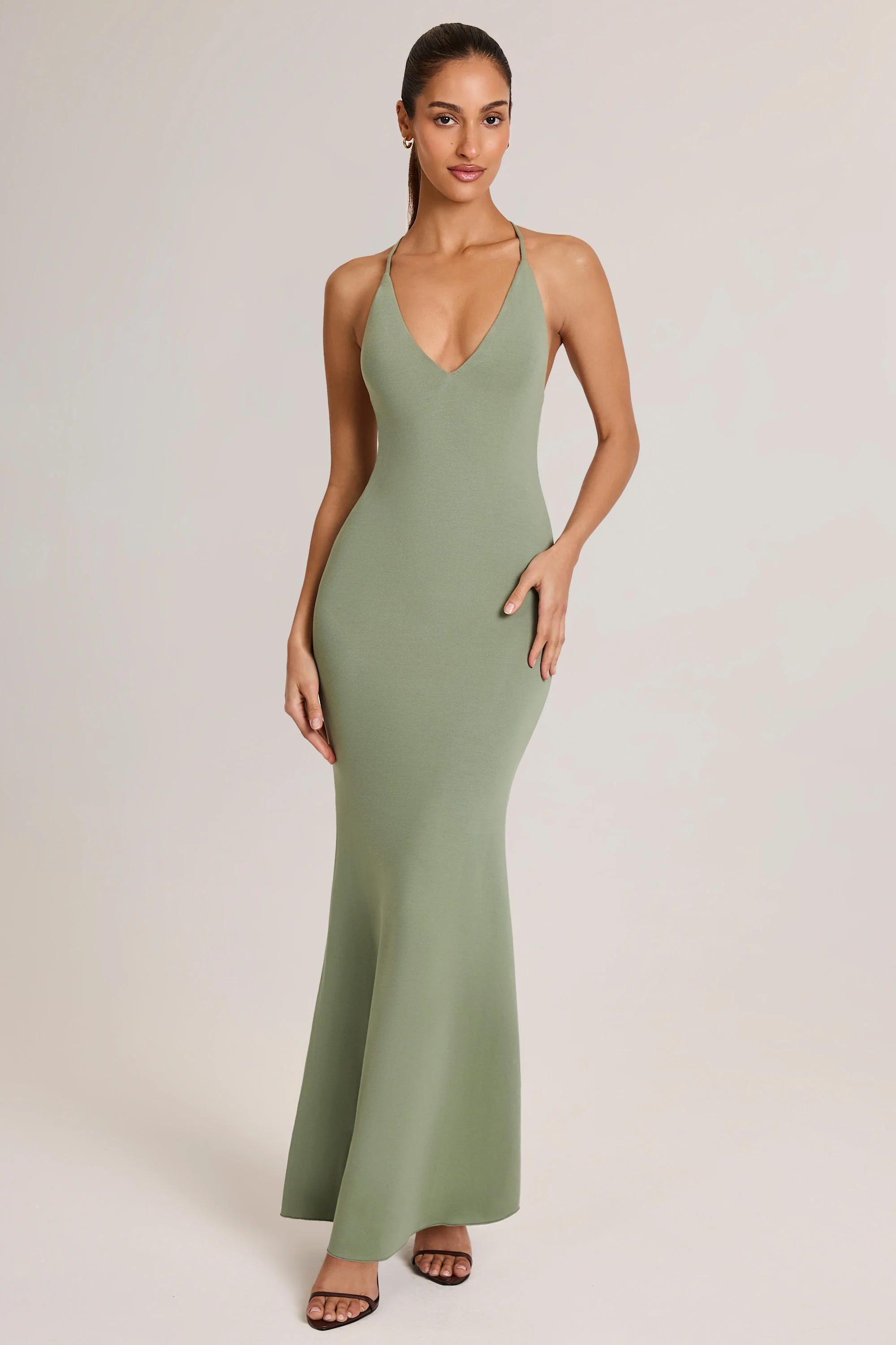 Modal Plunge Backless Maxi Dress in Sage Green - TREBLEV