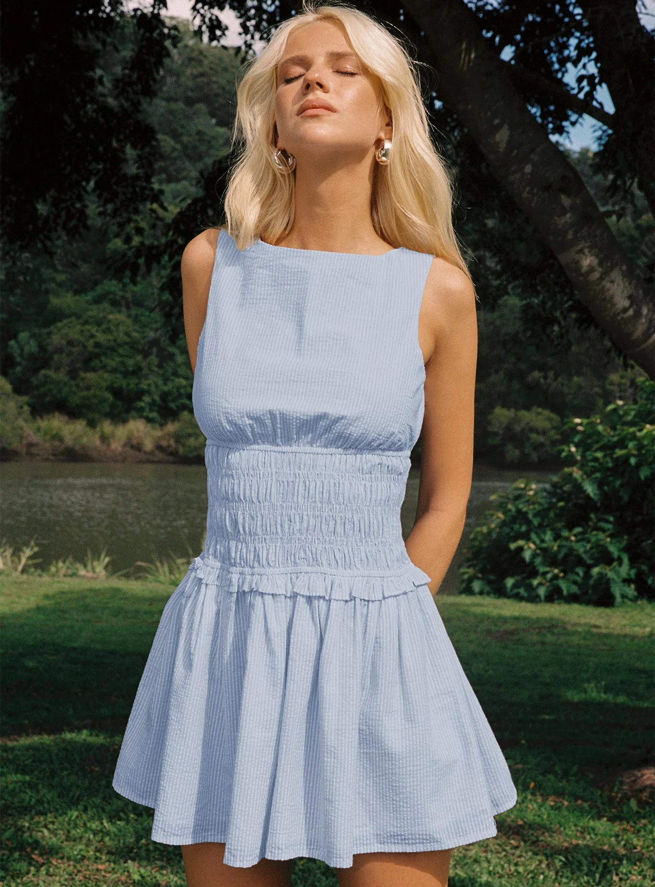 Yennifer Shirred Mini Dress Blue / White - TREBLEV