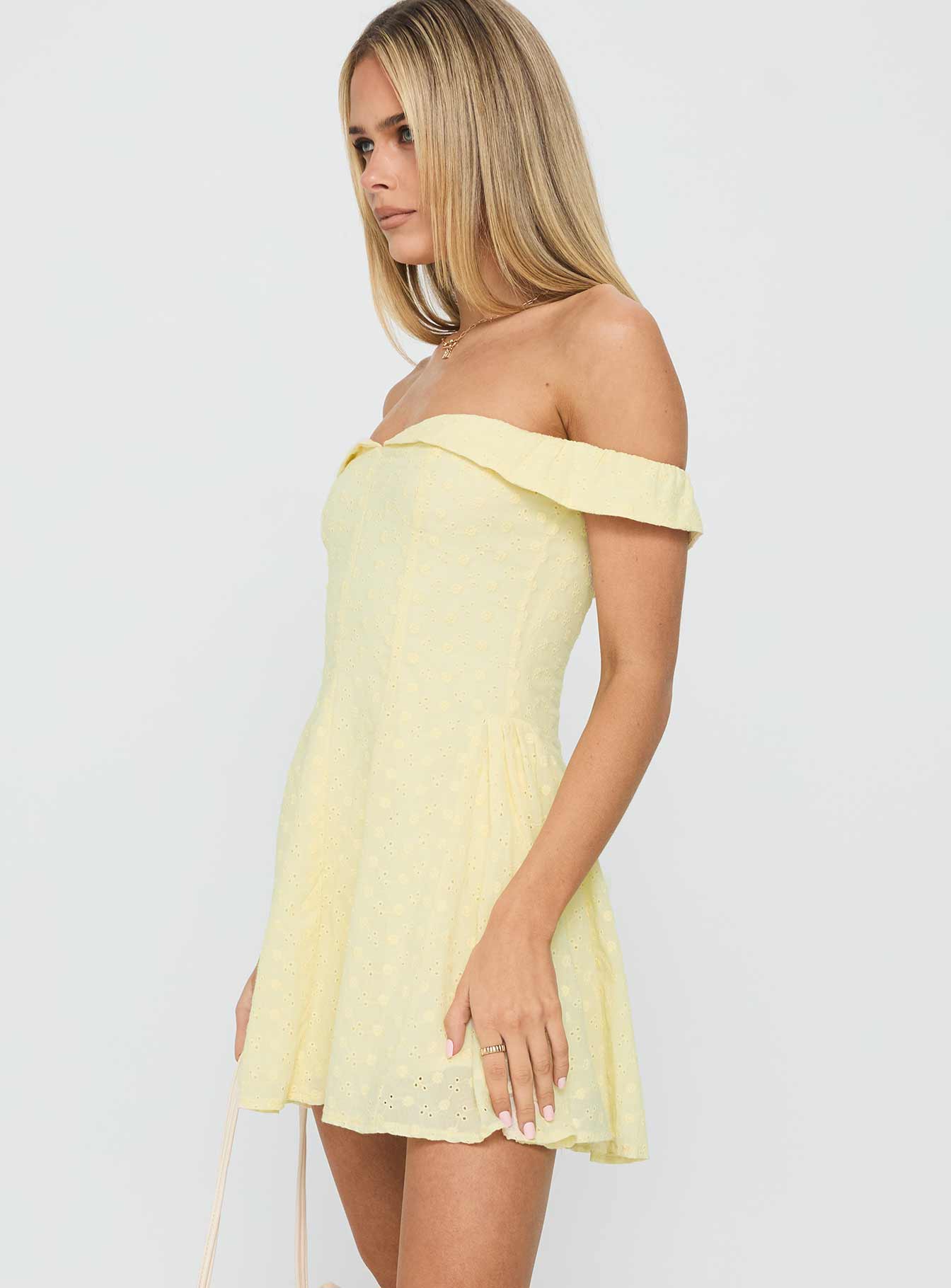 Rosebud Off The Shoulder Mini Dress Lemon - TREBLEV