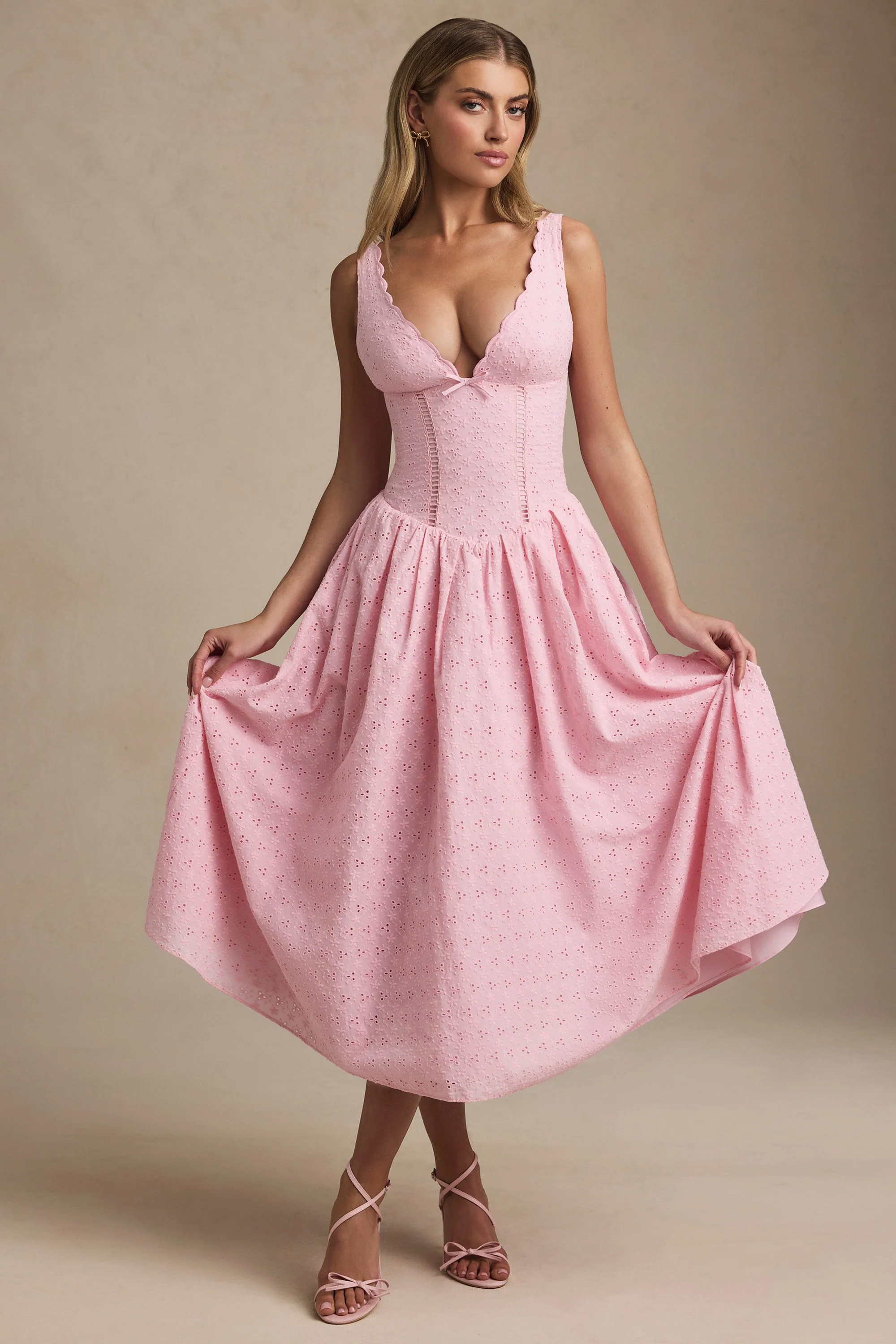 Broderie Anglaise Bow-Detail A-Line Midaxi Dress in Soft Pink - TREBLEV