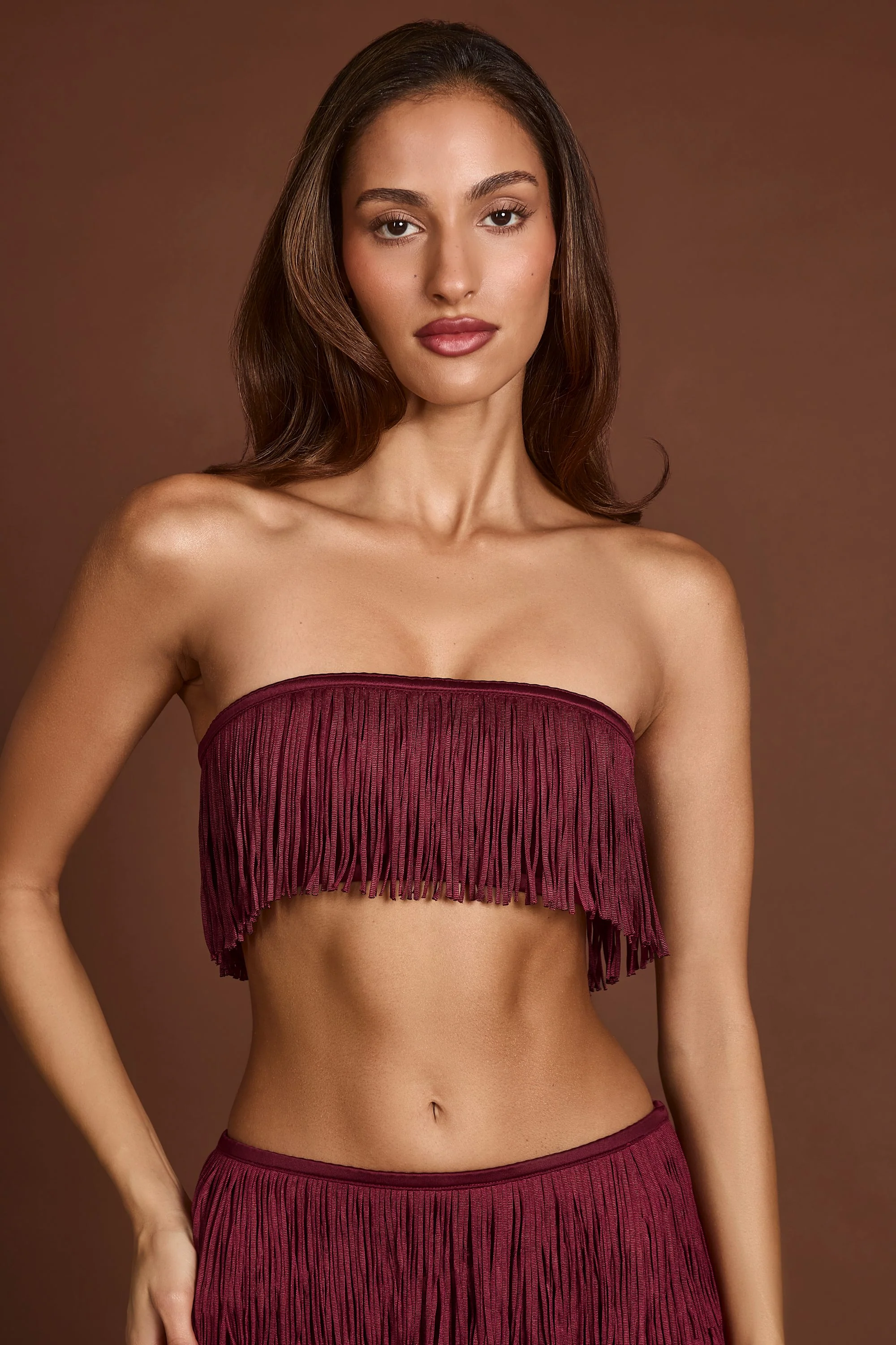 Fringed Bandeau Lace-up Crop Top in Wine Red - TREBLEV