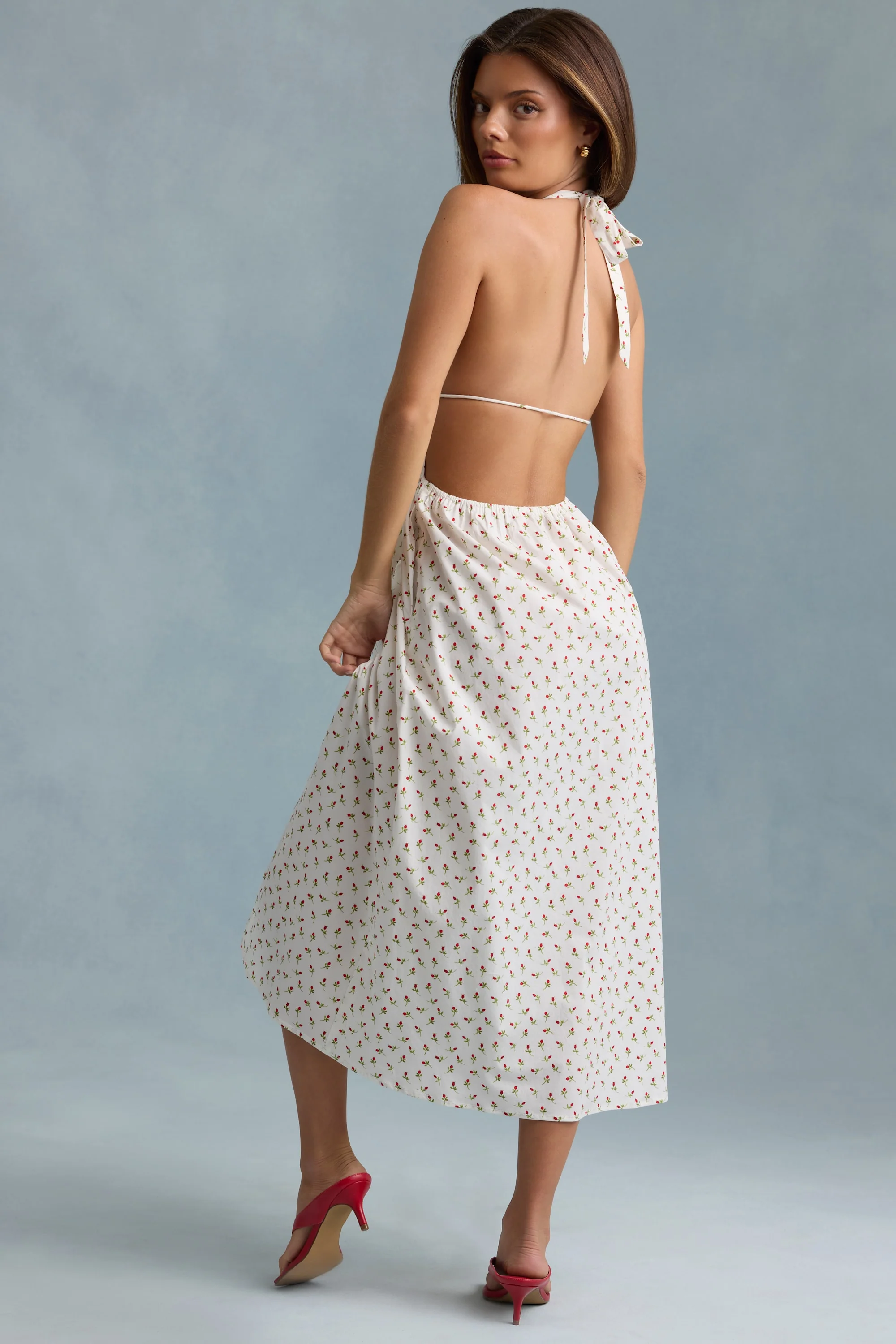 Backless Cotton-Poplin Midaxi Dress in Rose Print - TREBLEV