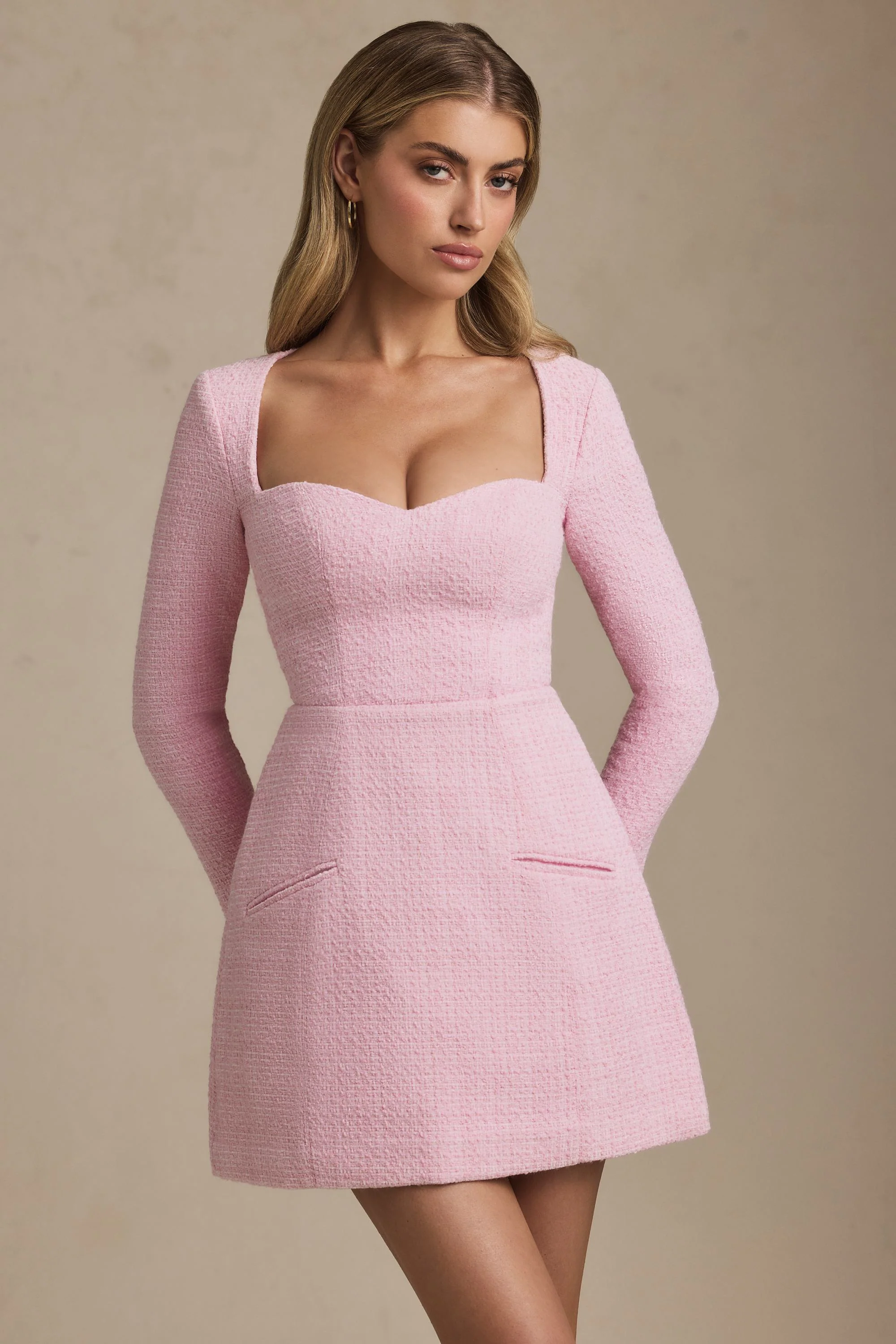 Sweetheart-Neck Structured Mini Dress in Soft Pink - TREBLEV