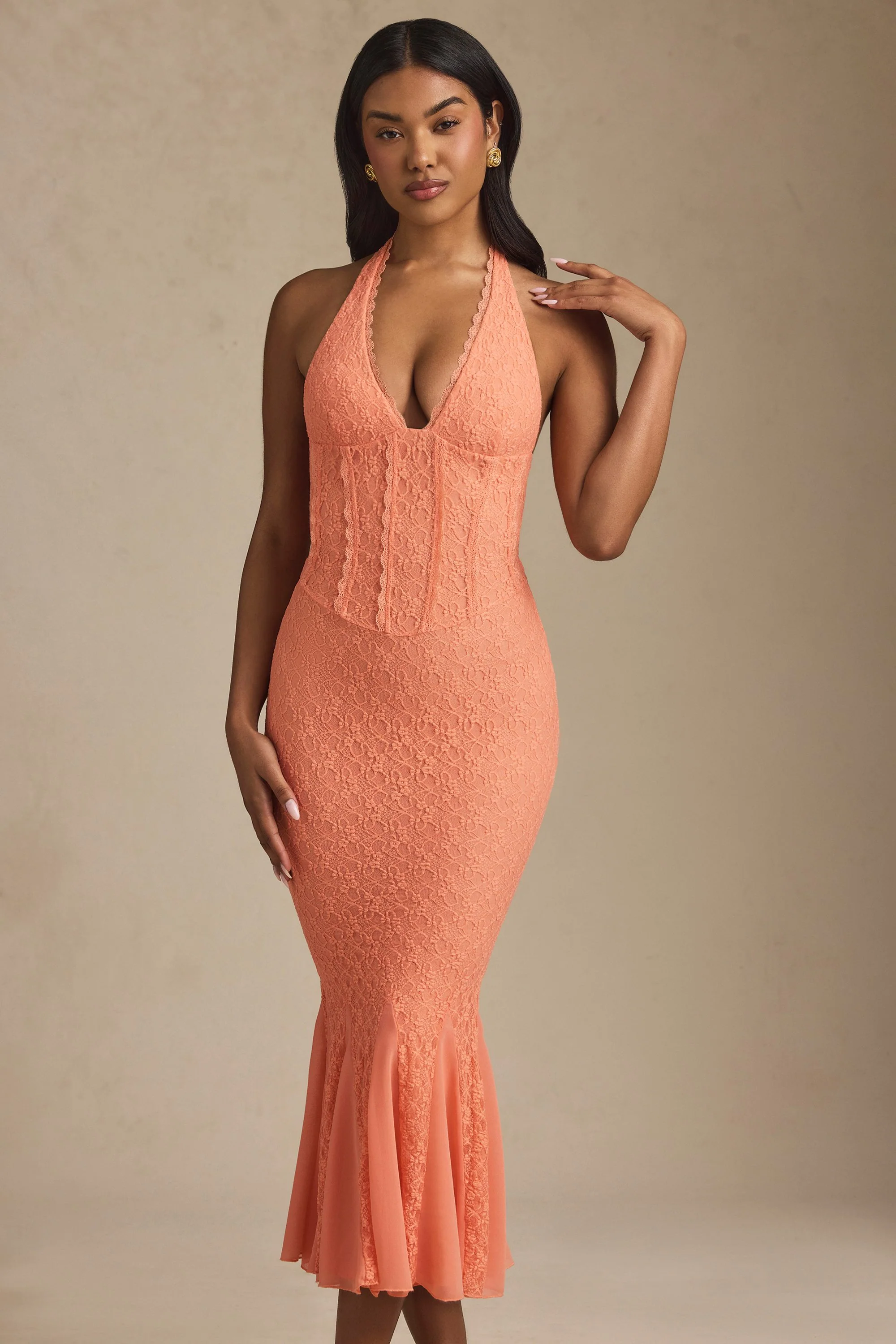 Halterneck Corset Lace Midaxi Dress in Peach - TREBLEV