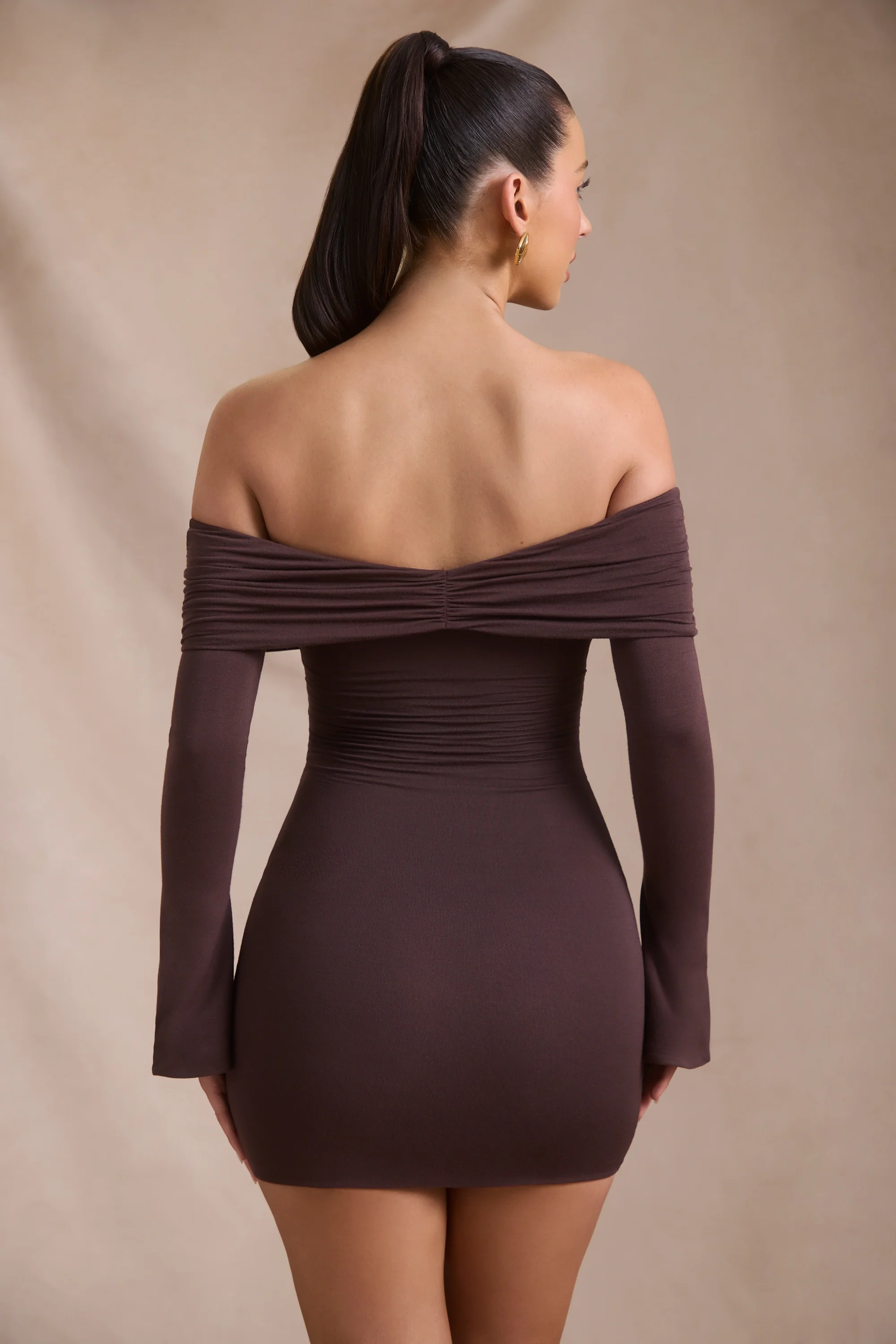 Modal-Cashmere Blend Off-Shoulder Ruched Mini Dress in Espresso - TREBLEV