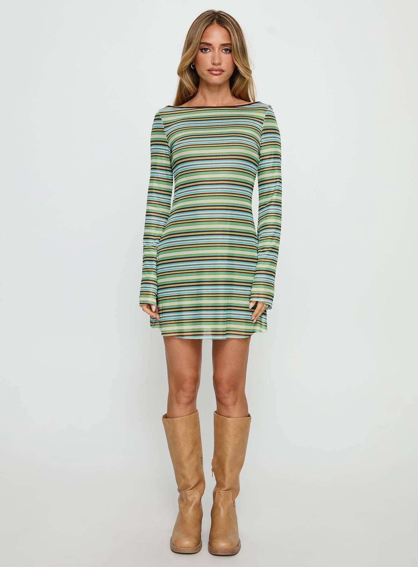 Lukea Long Sleeve Mini Dress Green Stripe - TREBLEV