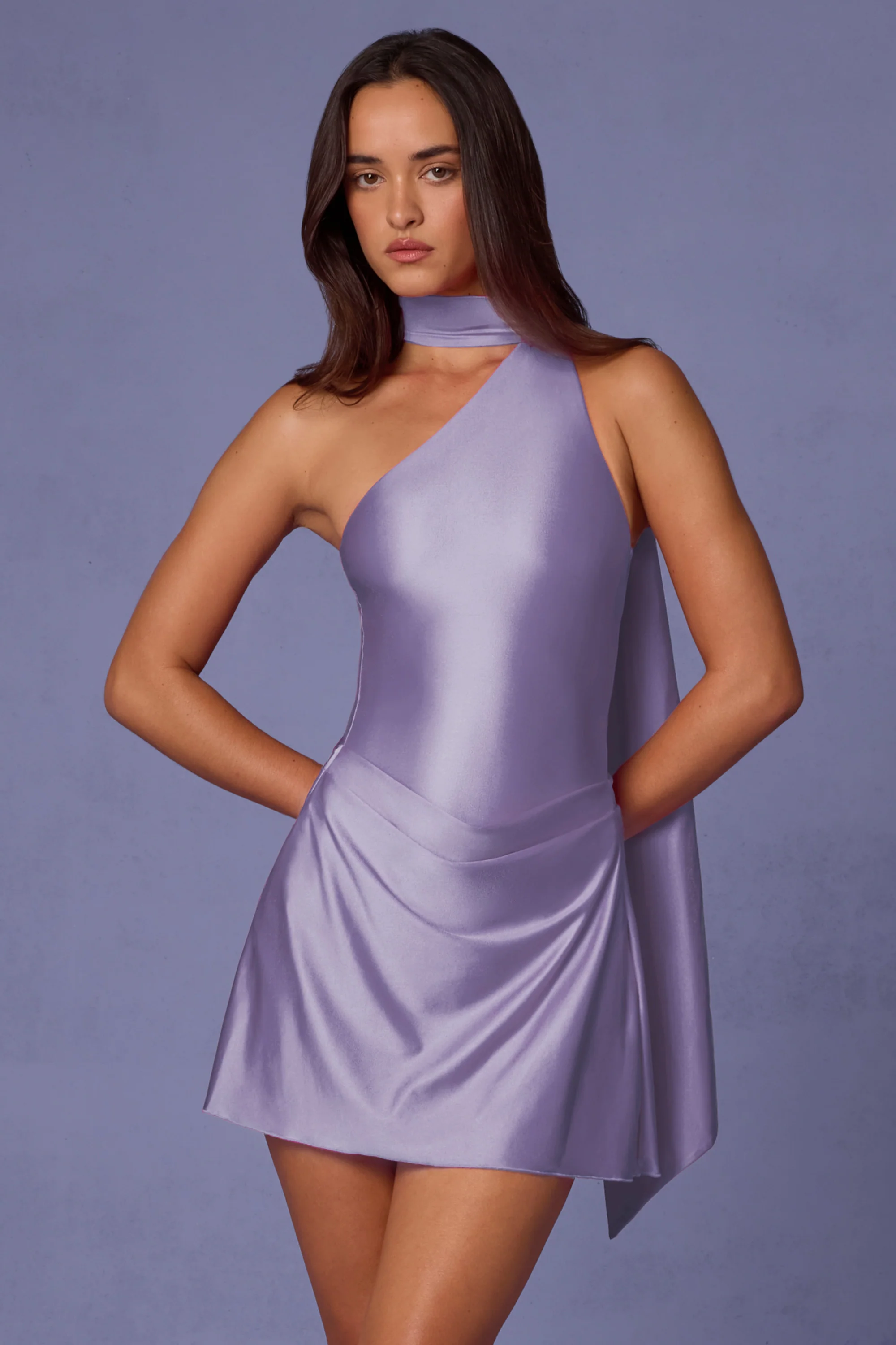 Asymmetric Scarf-Detail Mini Dress in Lilac - TREBLEV